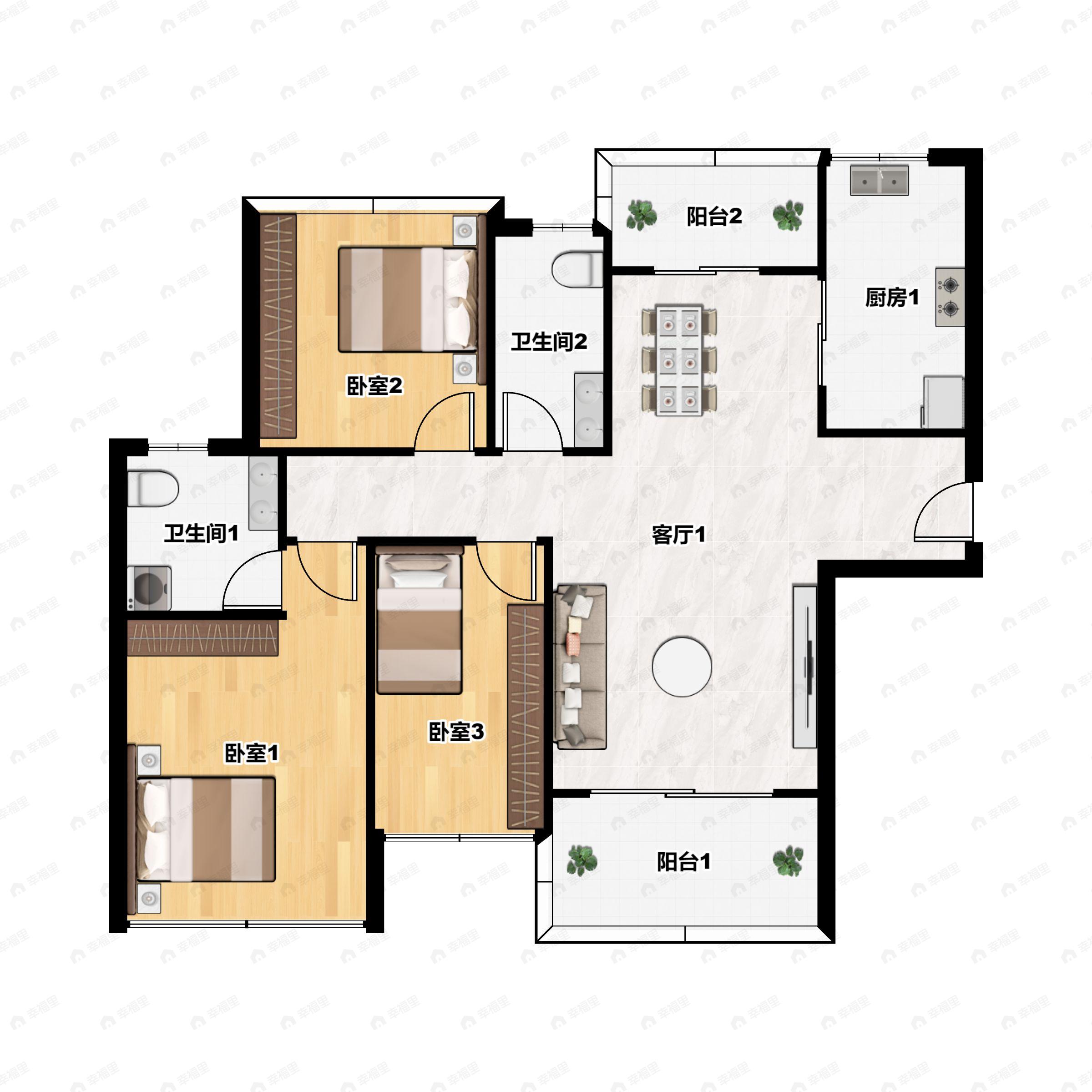 3室2厅2卫建面106平南户型图