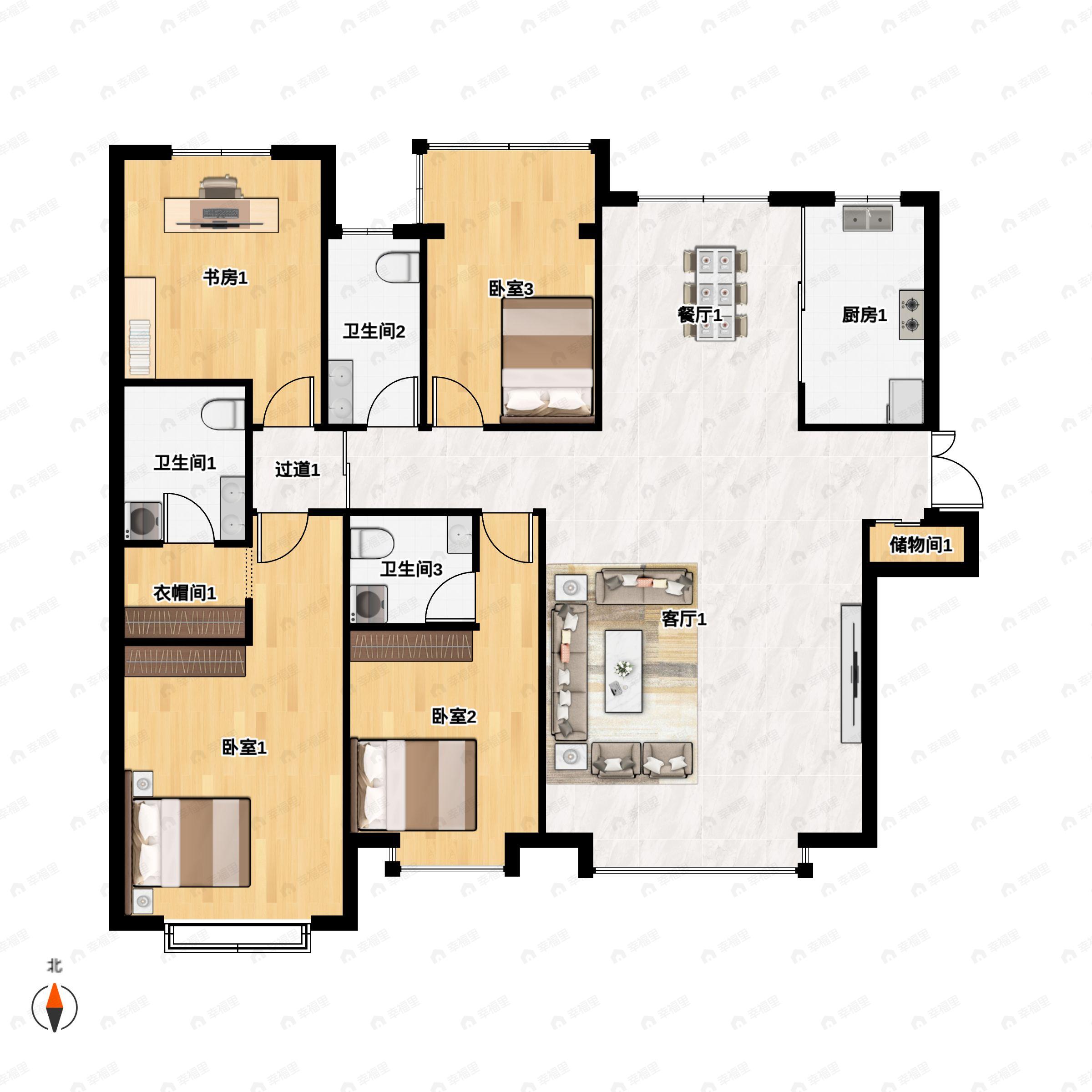 4室2厅3卫建面231平南|北户型图