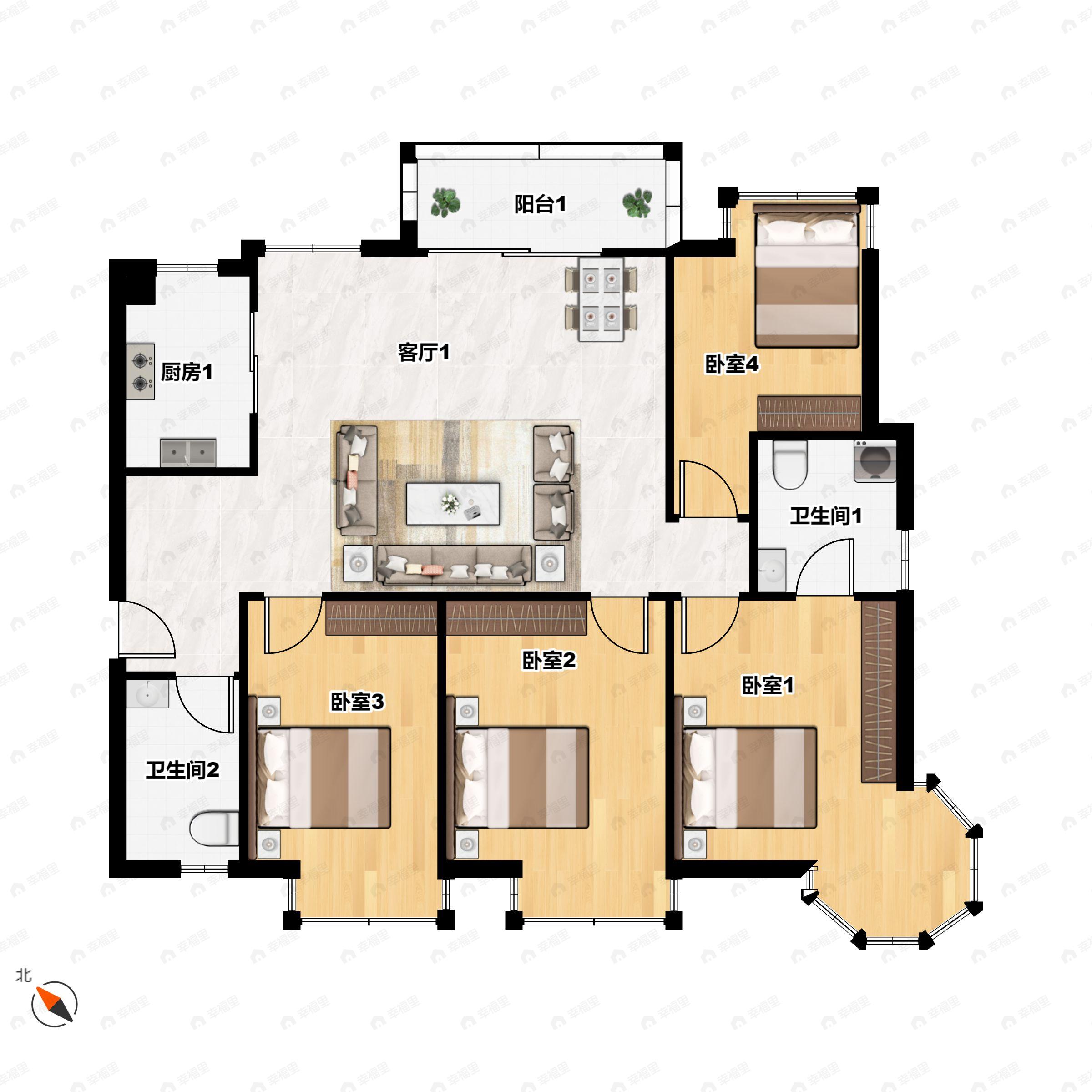 4室2厅2卫建面130平西北户型图
