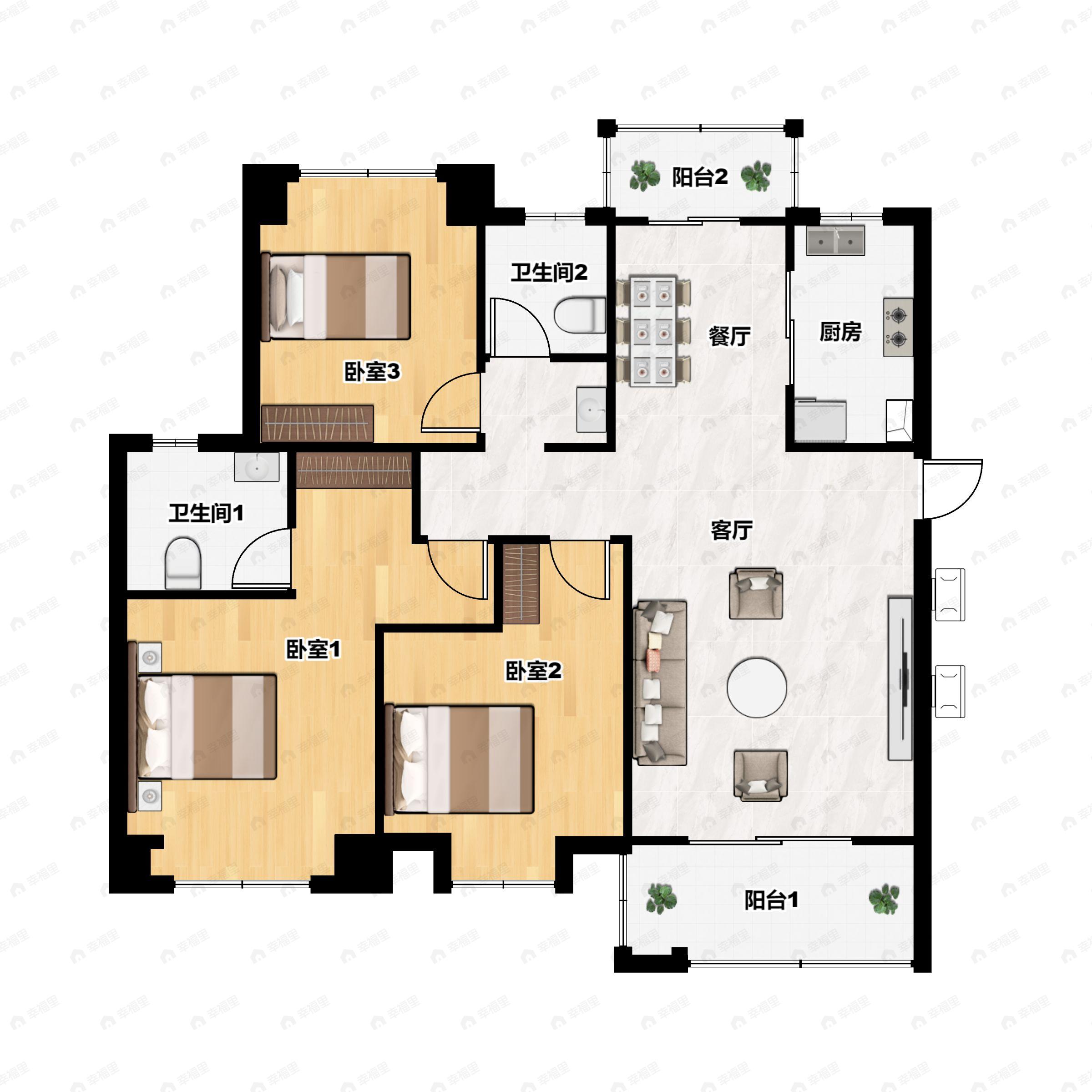 3室2厅2卫建面118平南户型图