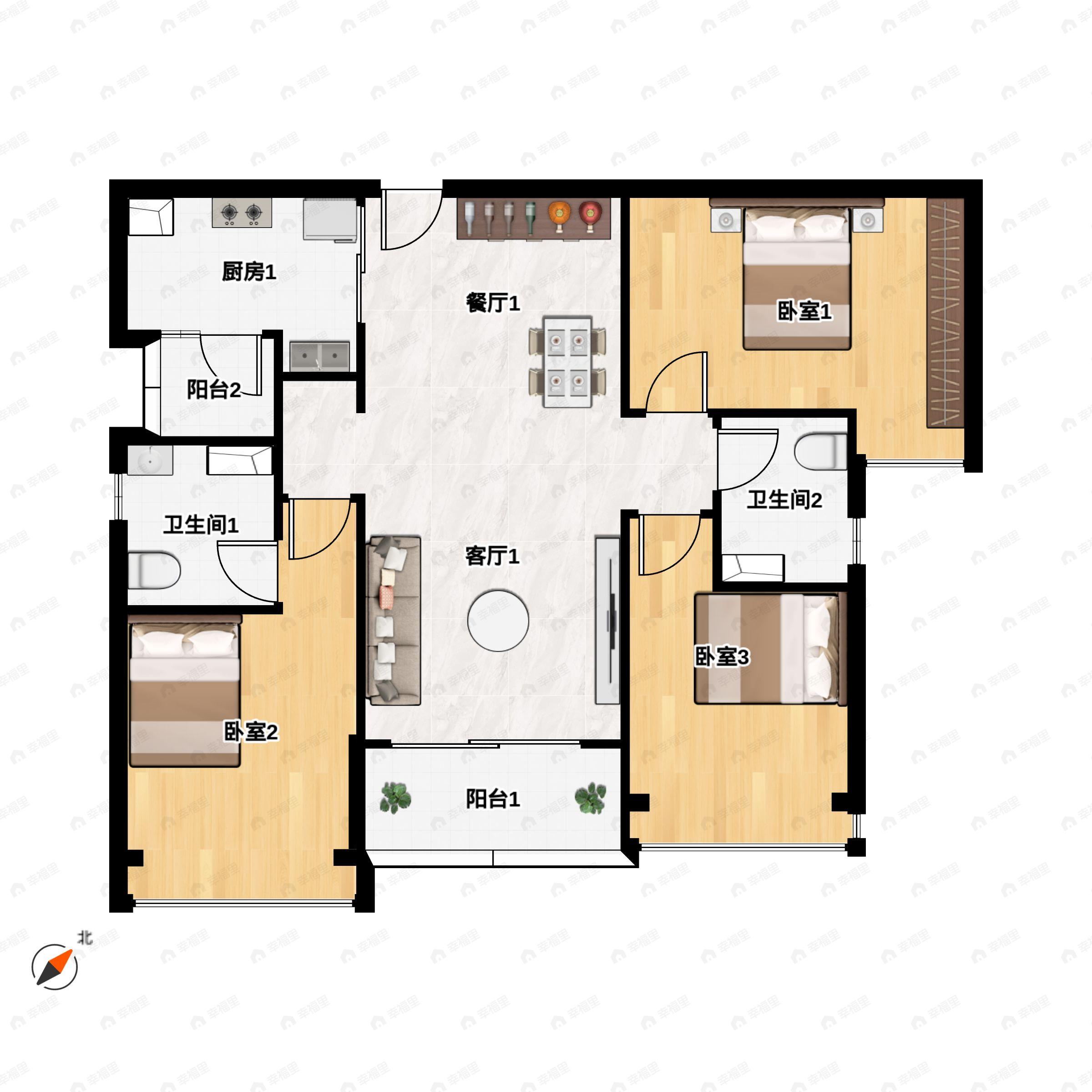 3室2厅2卫建面107平户型图