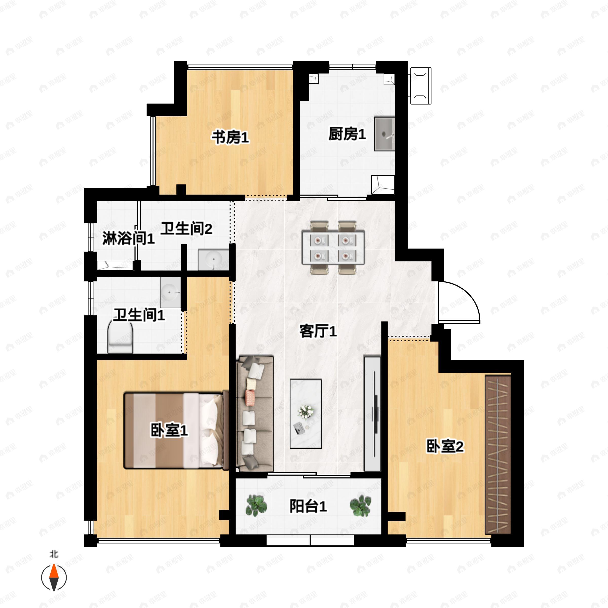 3室2厅2卫建面95m²北|南户型图