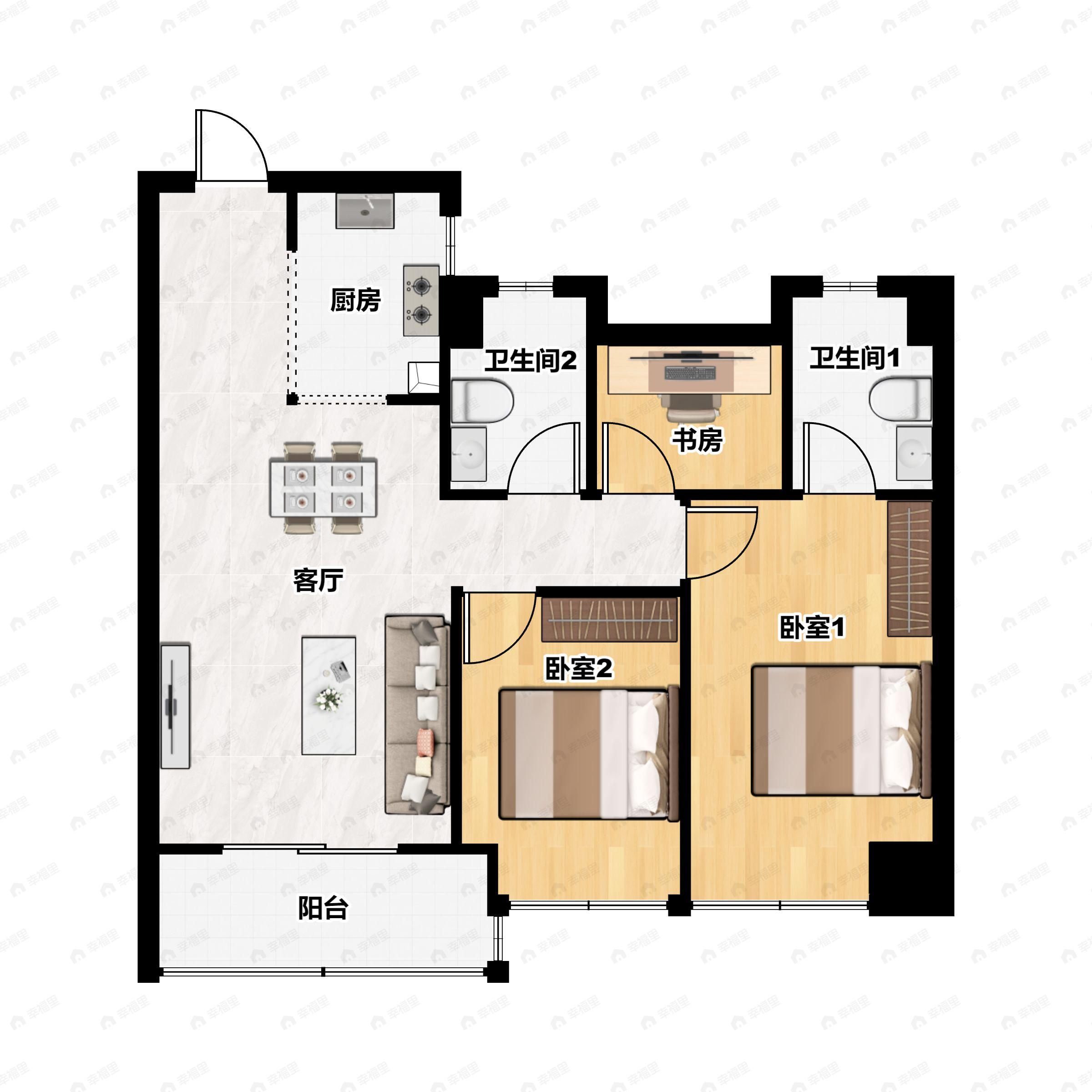 2室2厅1卫建面89m²北|南户型图