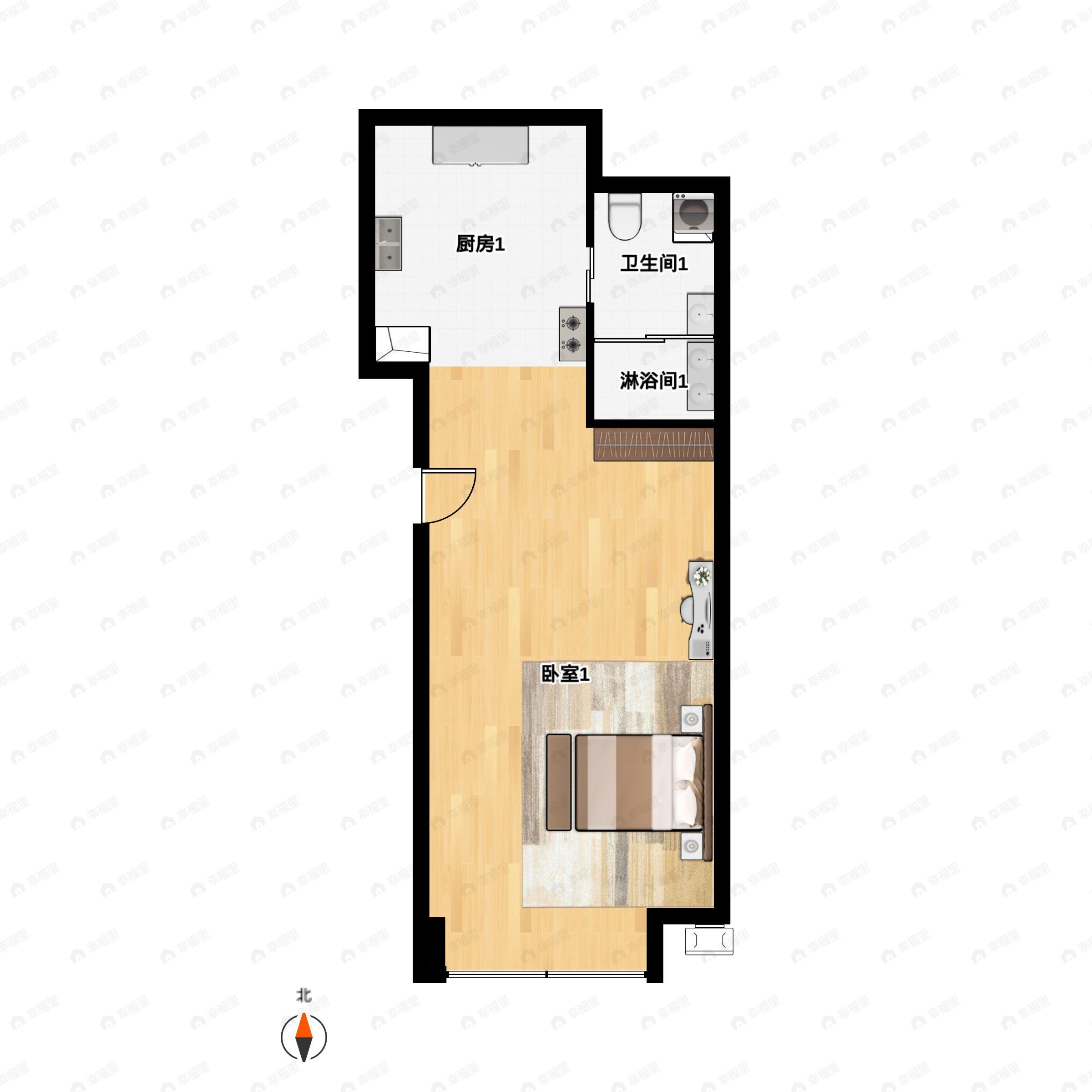 1室1厅1卫建面51平南户型图
