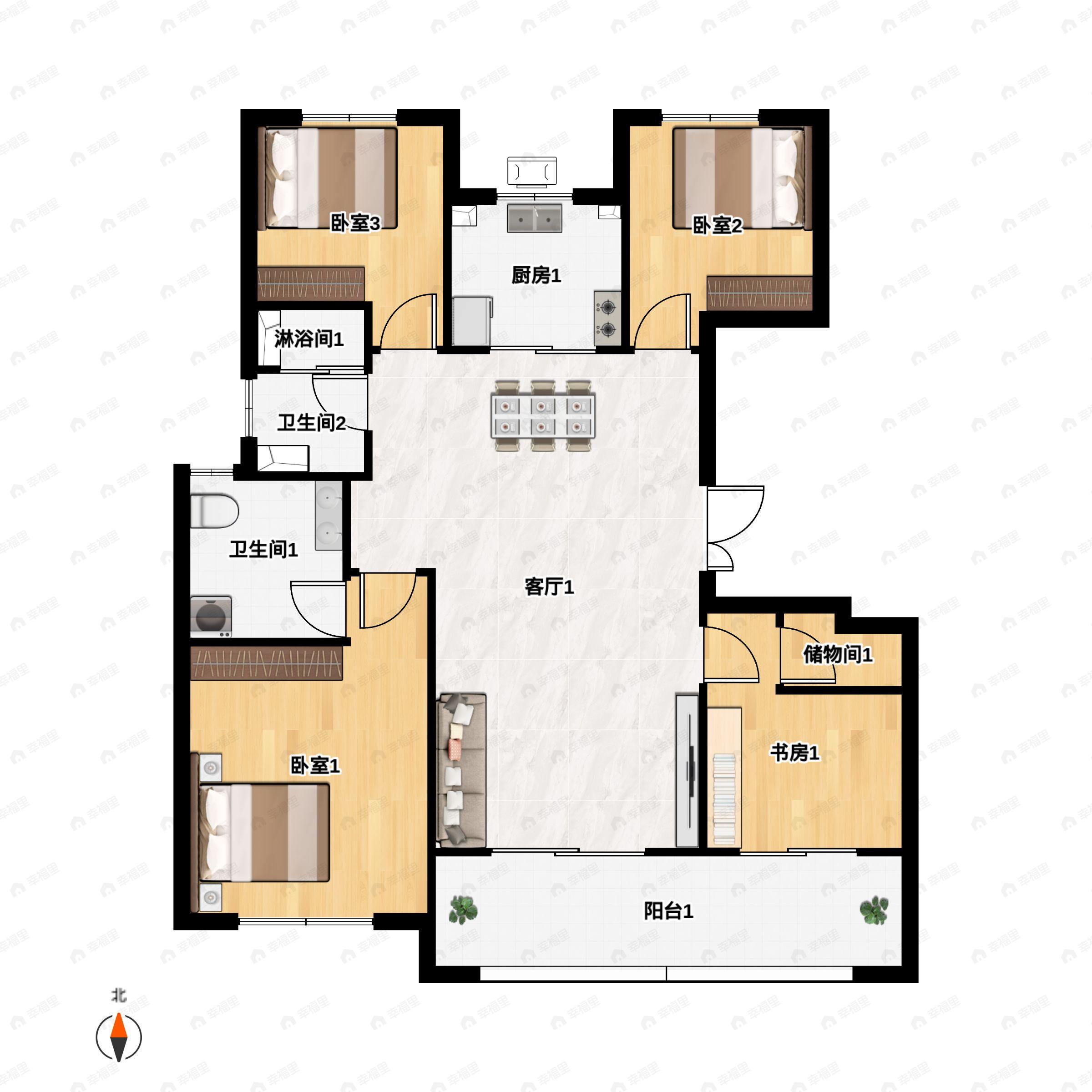 4室2厅2卫建面127平南|东南户型图