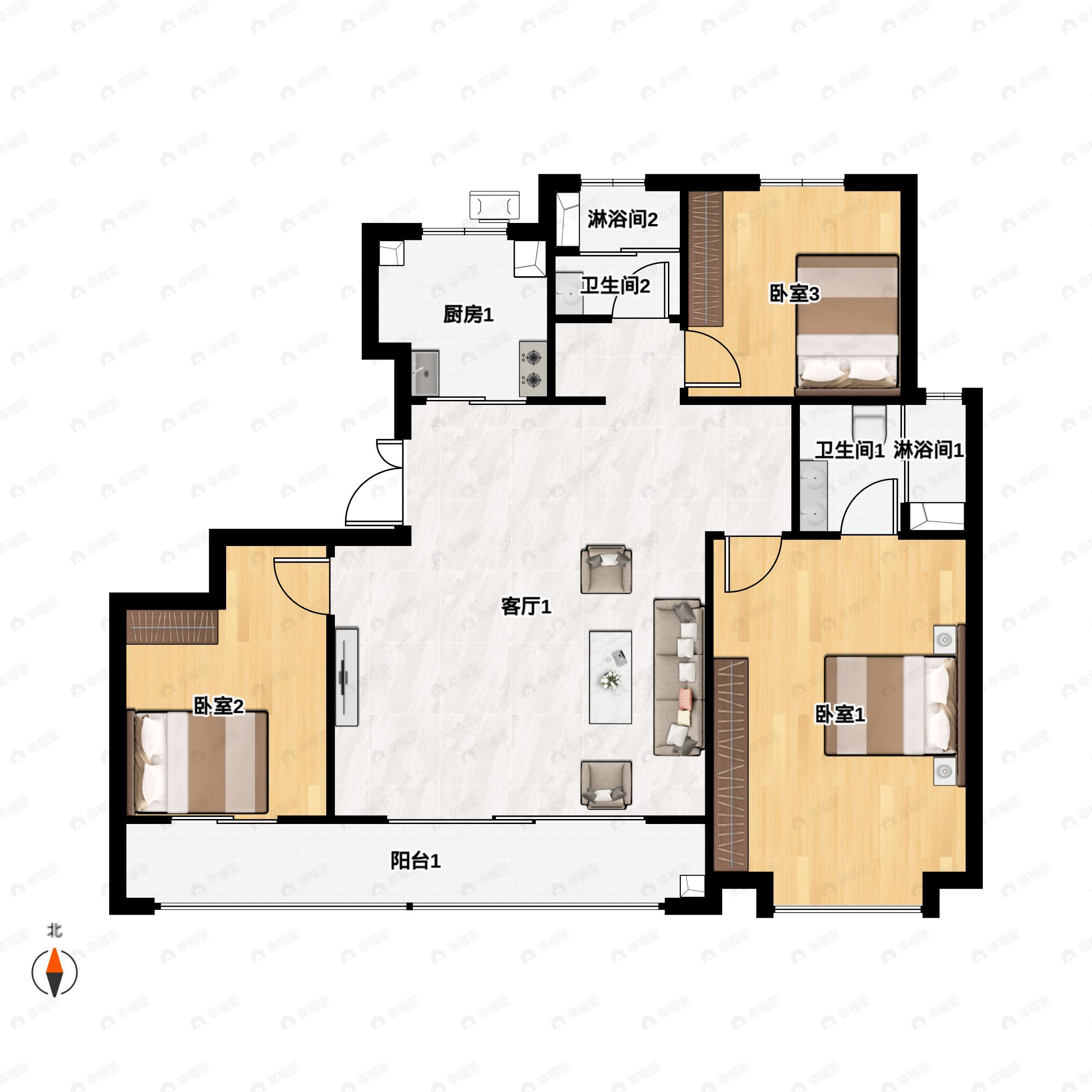 3室2厅2卫建面132m²北|南户型图