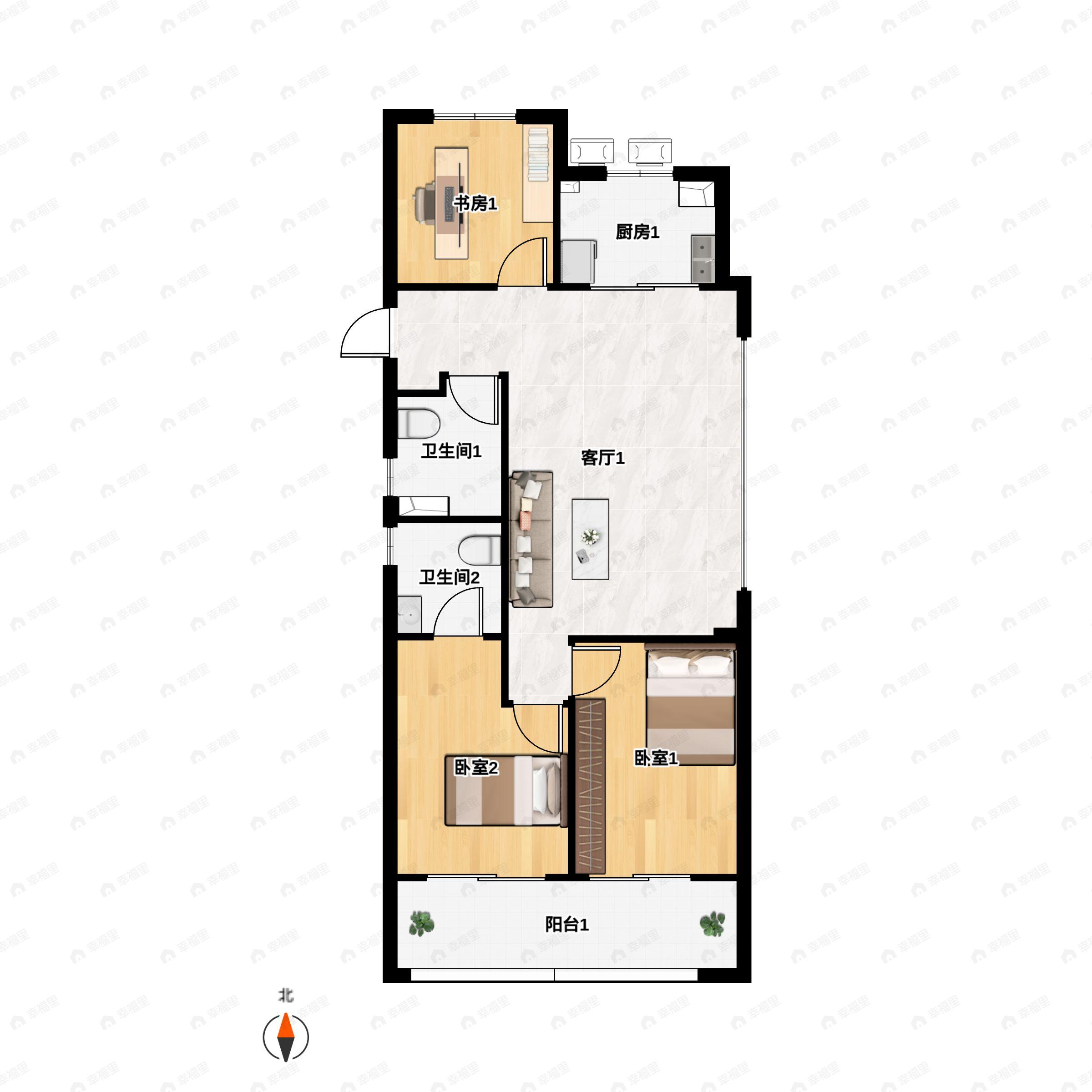 3室2厅2卫建面105m²南户型图