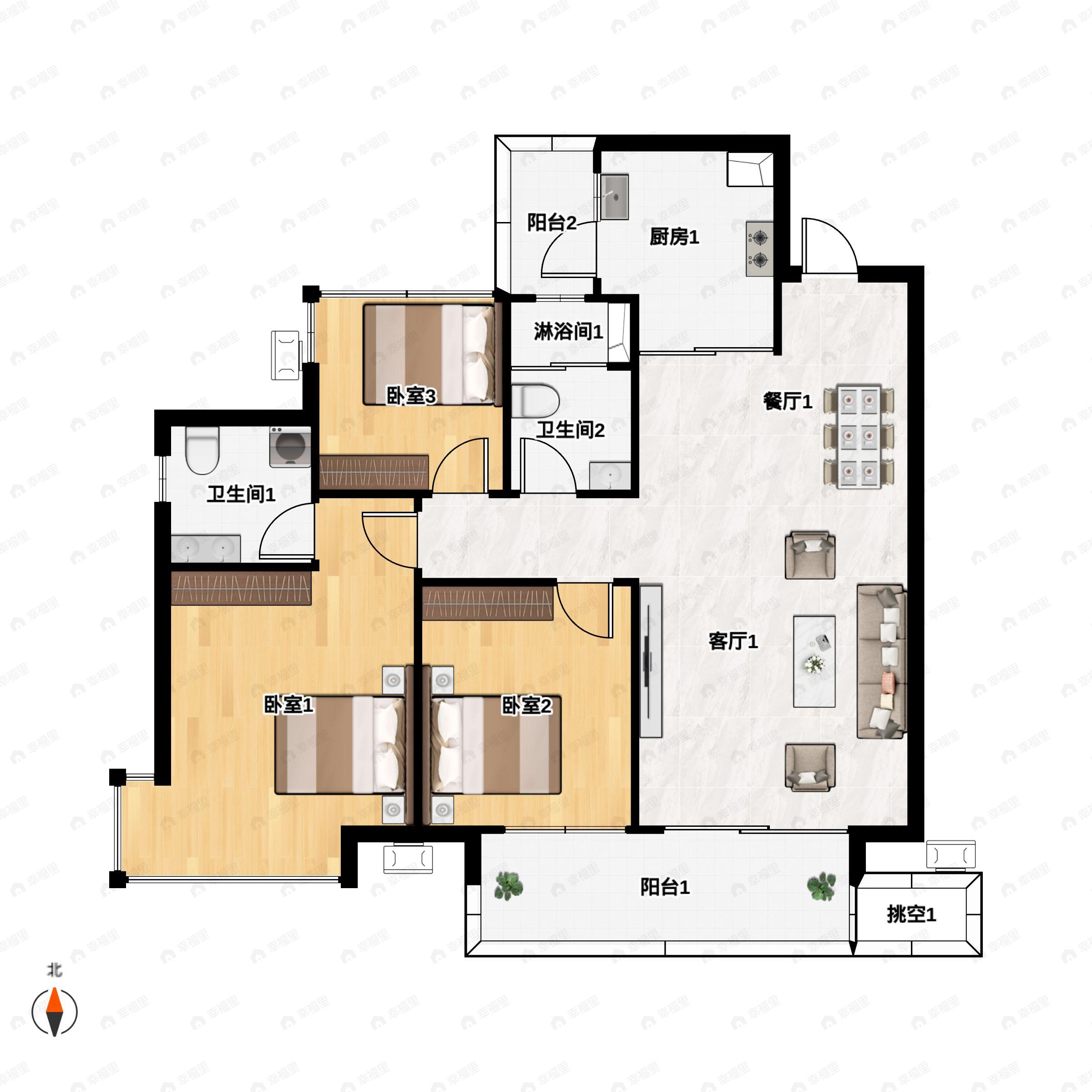 3室2厅2卫建面89平户型图