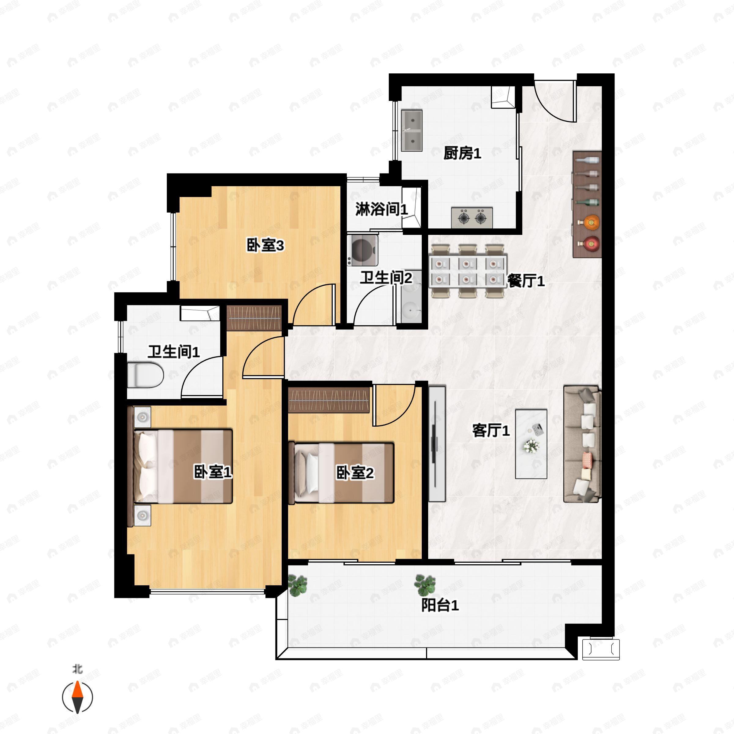3室2厅2卫建面105平户型图
