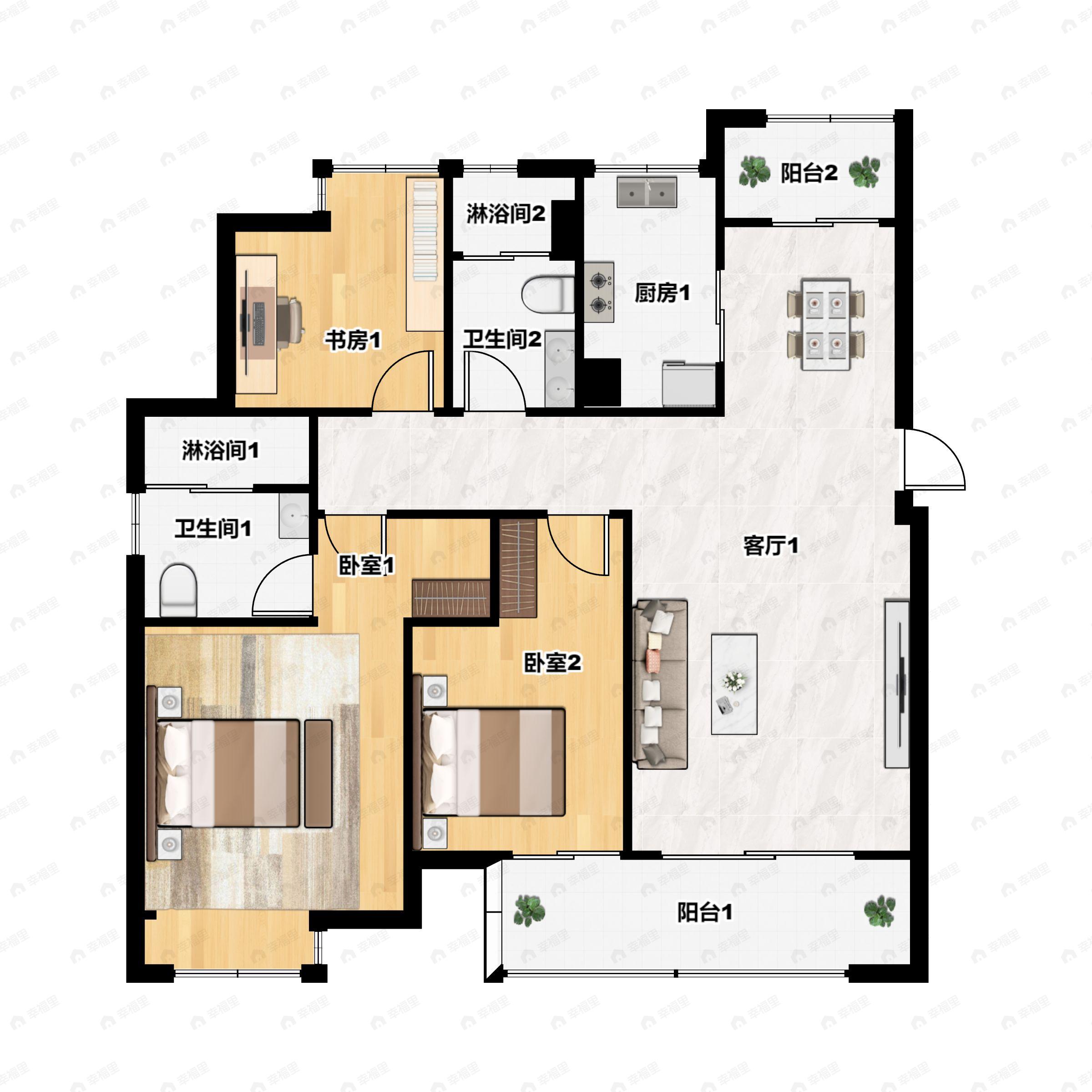 3室2厅2卫建面114m²南户型图