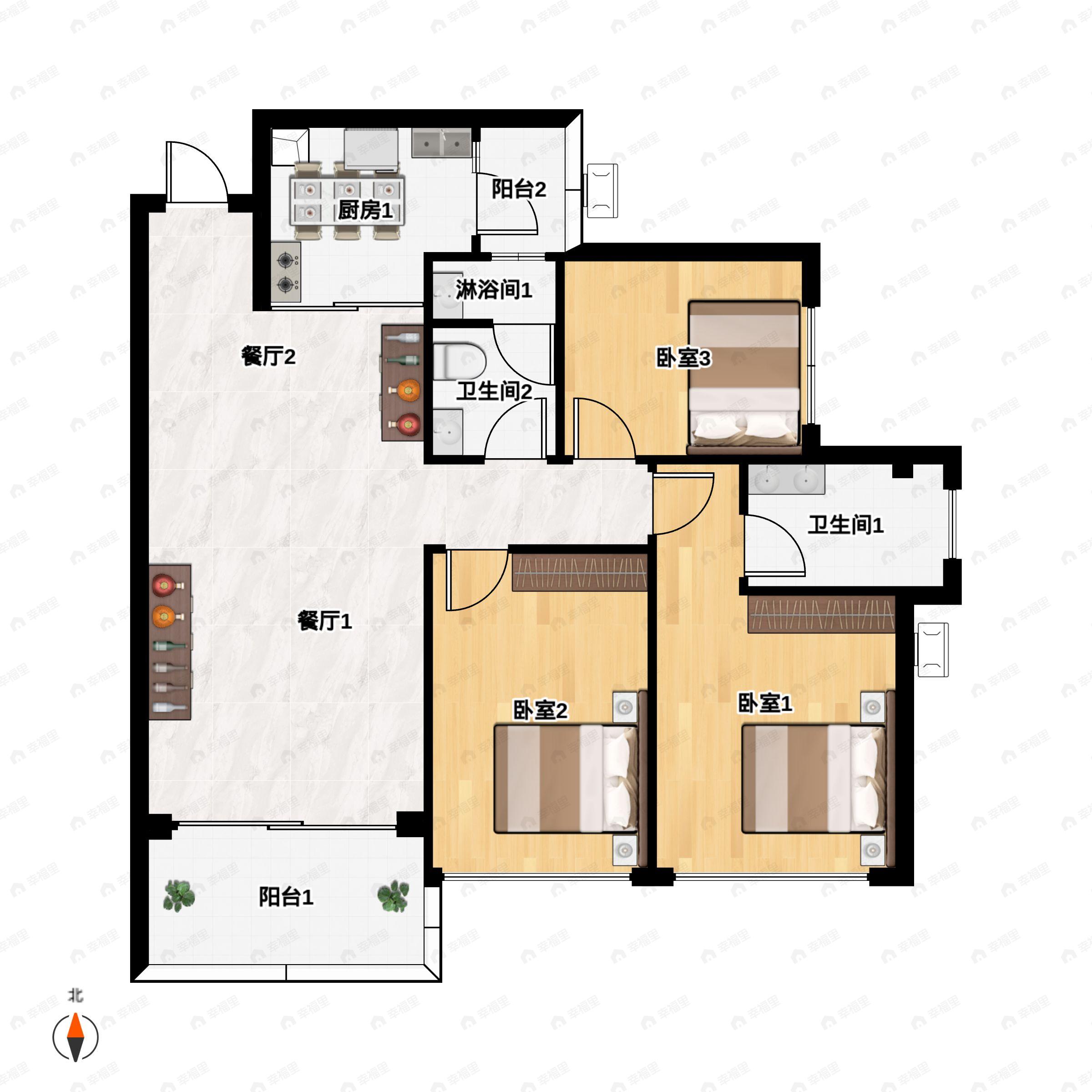 3室2厅2卫建面98平南户型图
