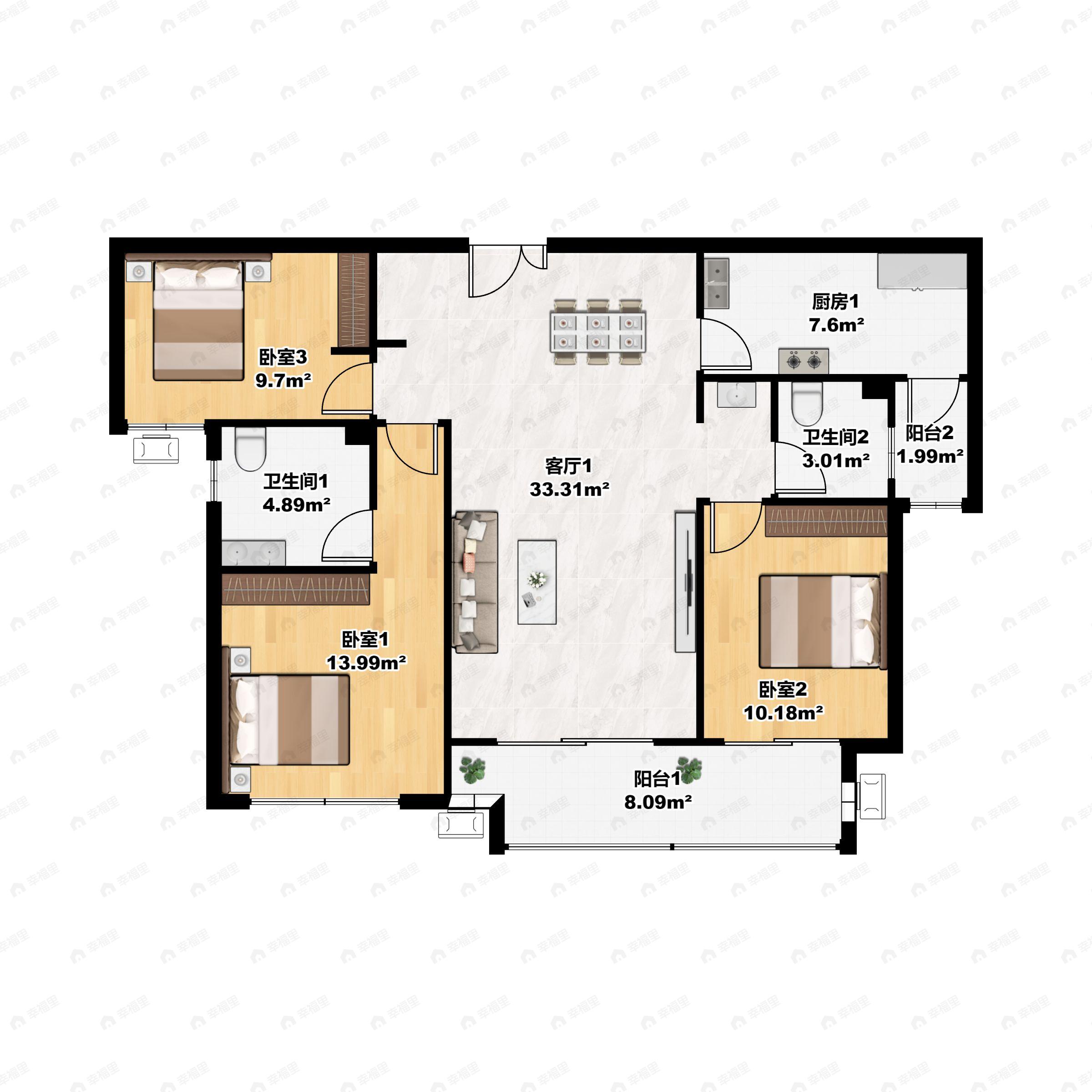 3室2厅2卫建面129平南户型图