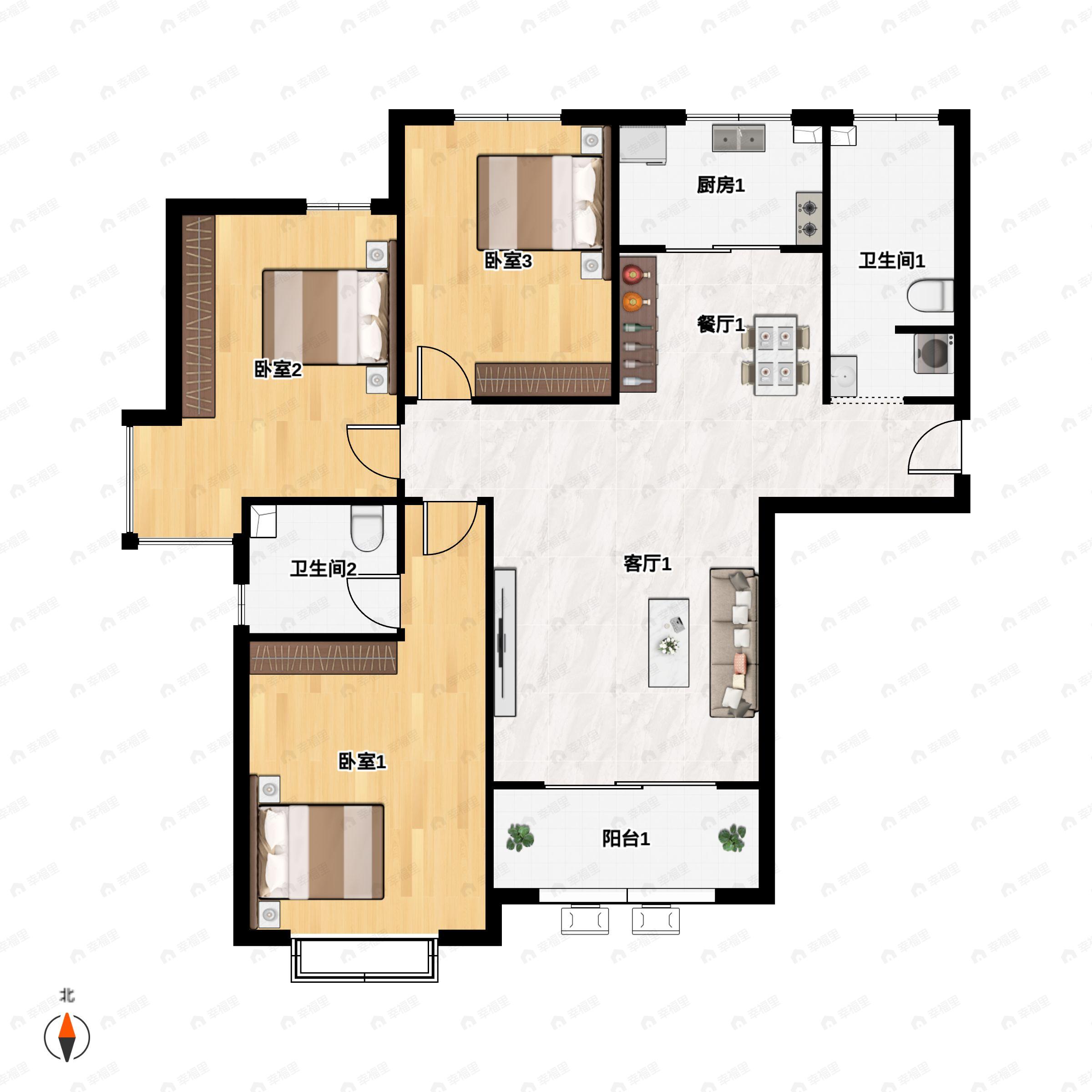 3室2厅2卫建面119平南|北户型图