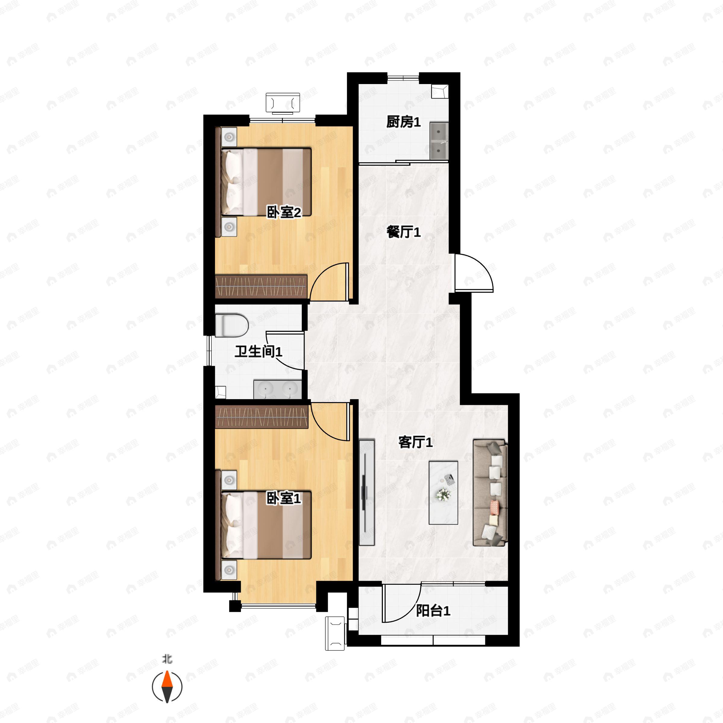 2室2厅1卫建面90m²南|北户型图