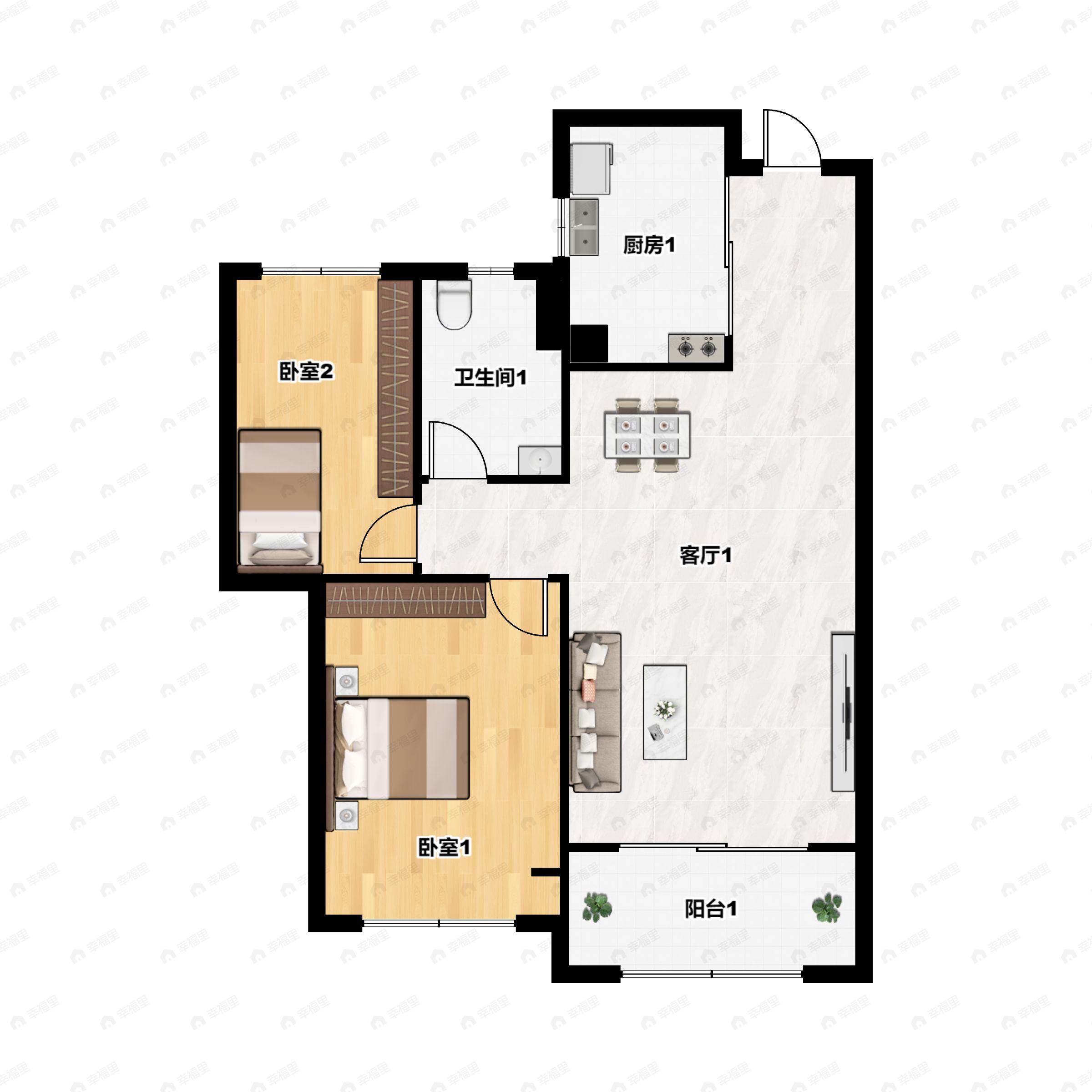 2室2厅1卫建面70m²南户型图