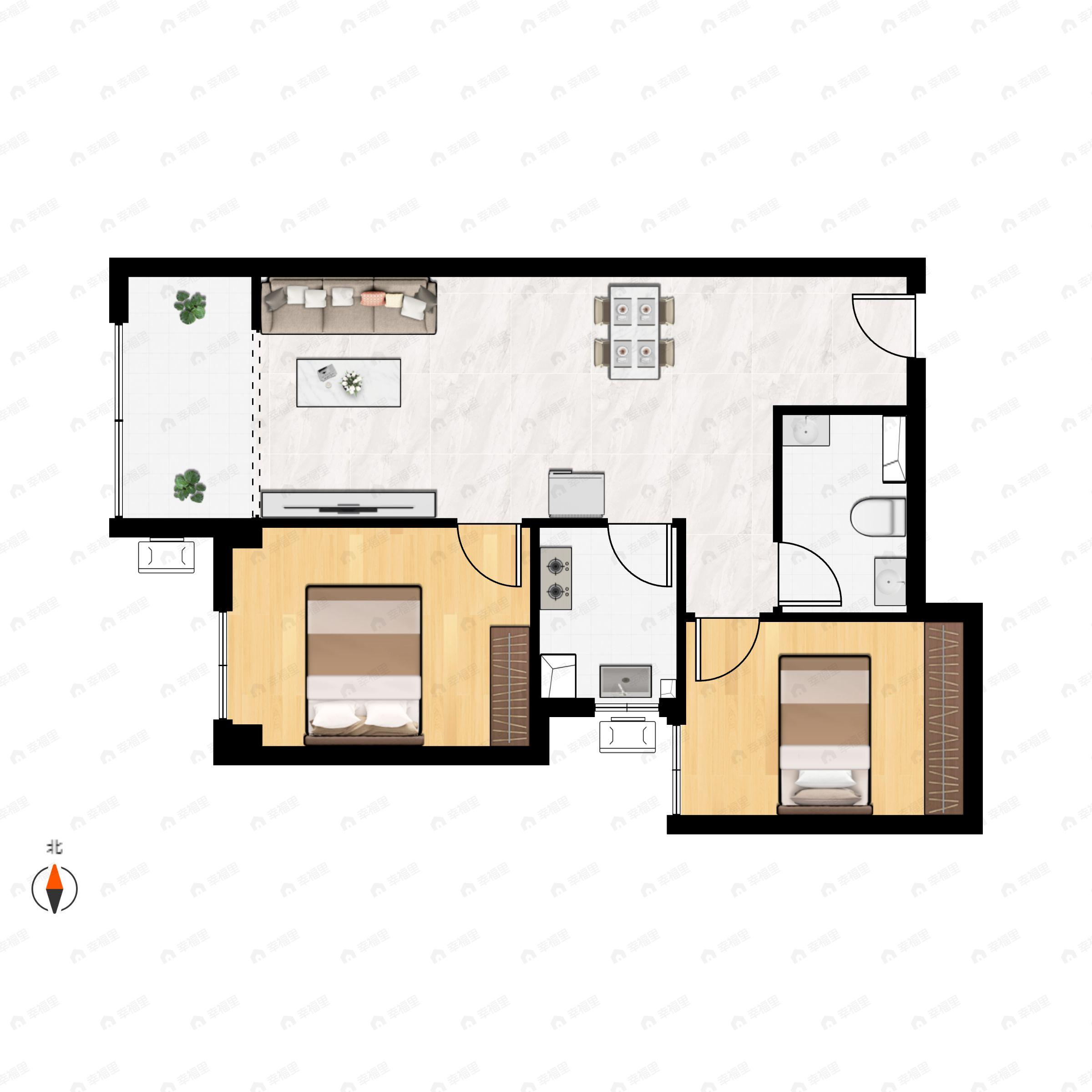 2室2厅1卫建面81m²西户型图