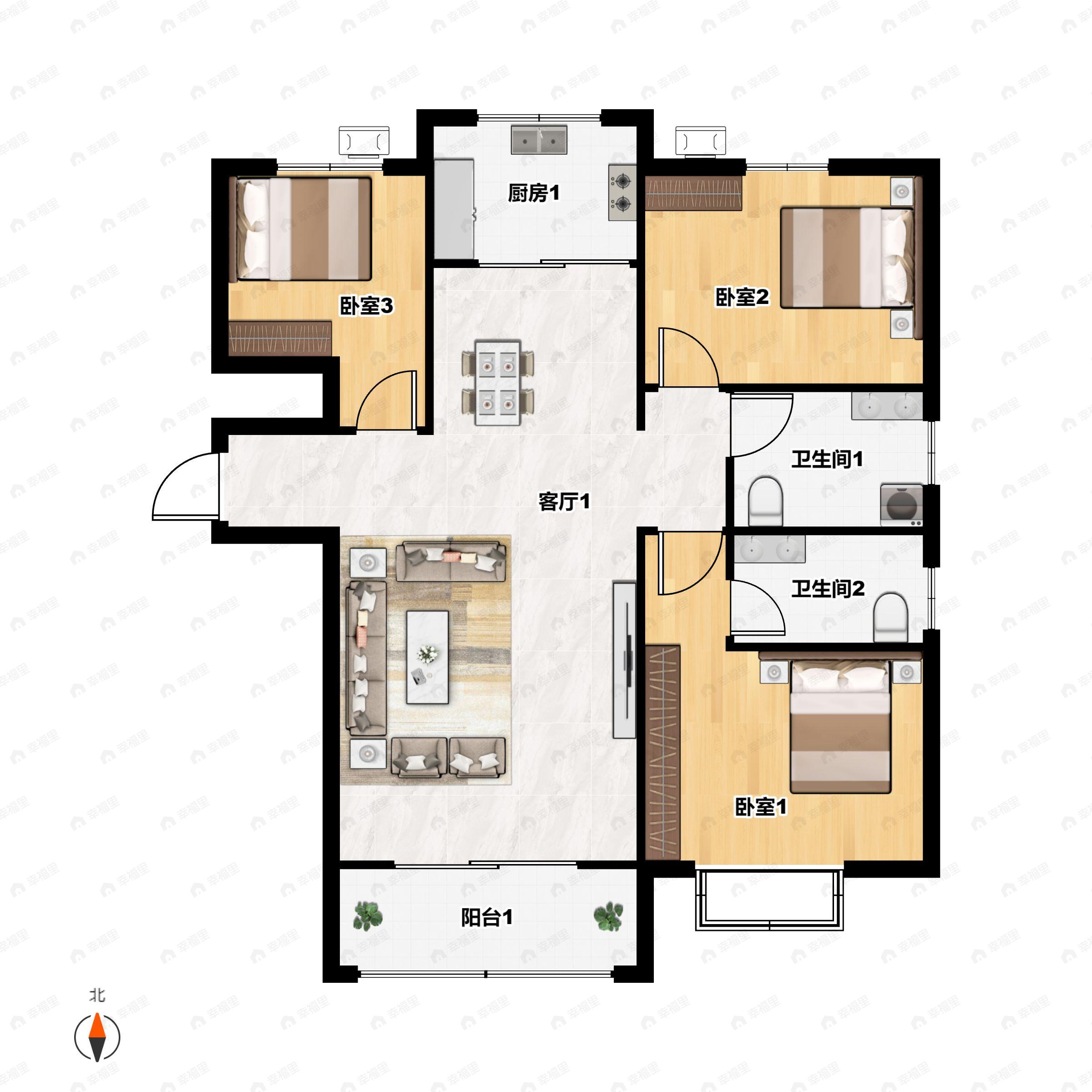 3室2厅2卫建面121m²南|北户型图