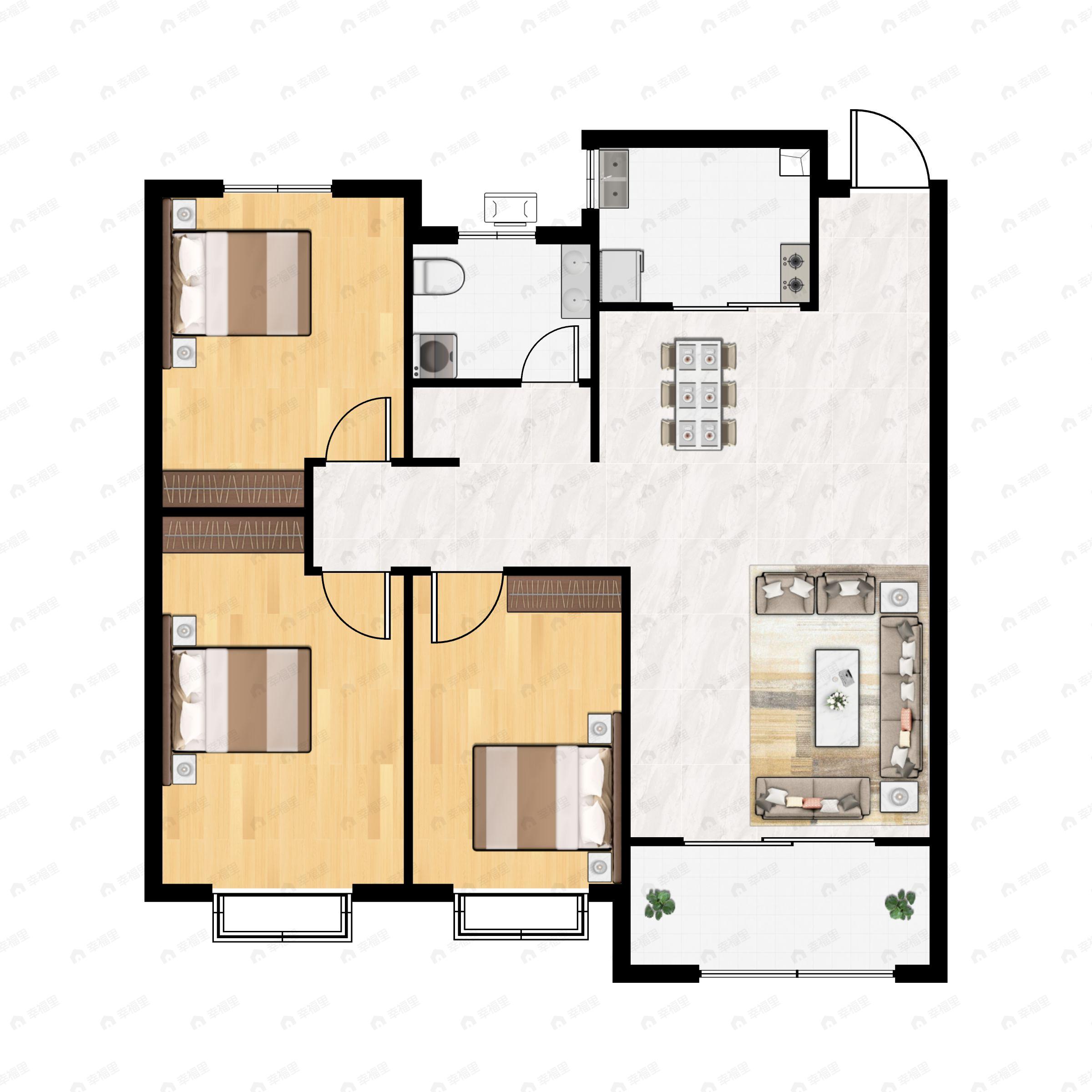 3室2厅1卫建面114m²南户型图