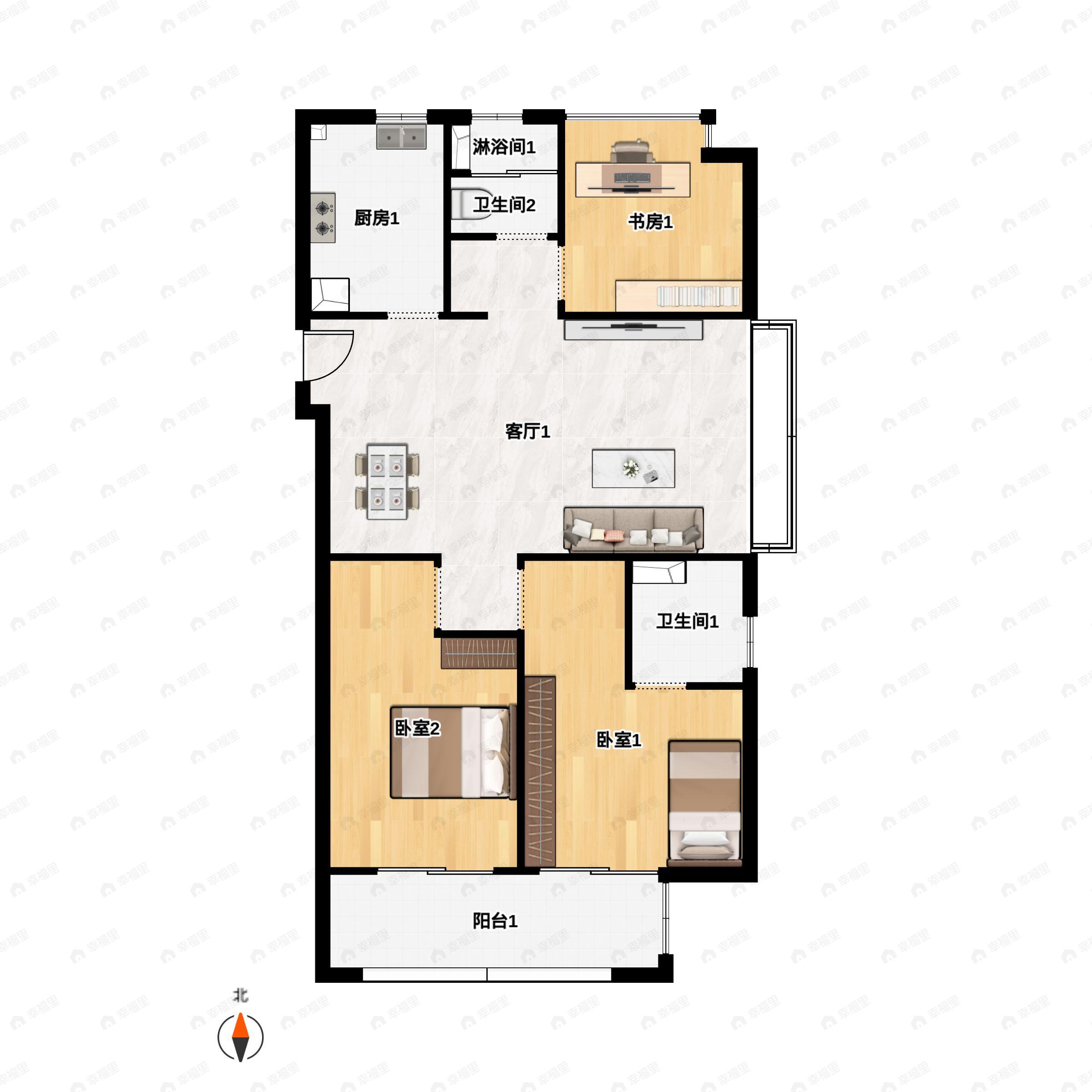 3室2厅2卫建面106平户型图