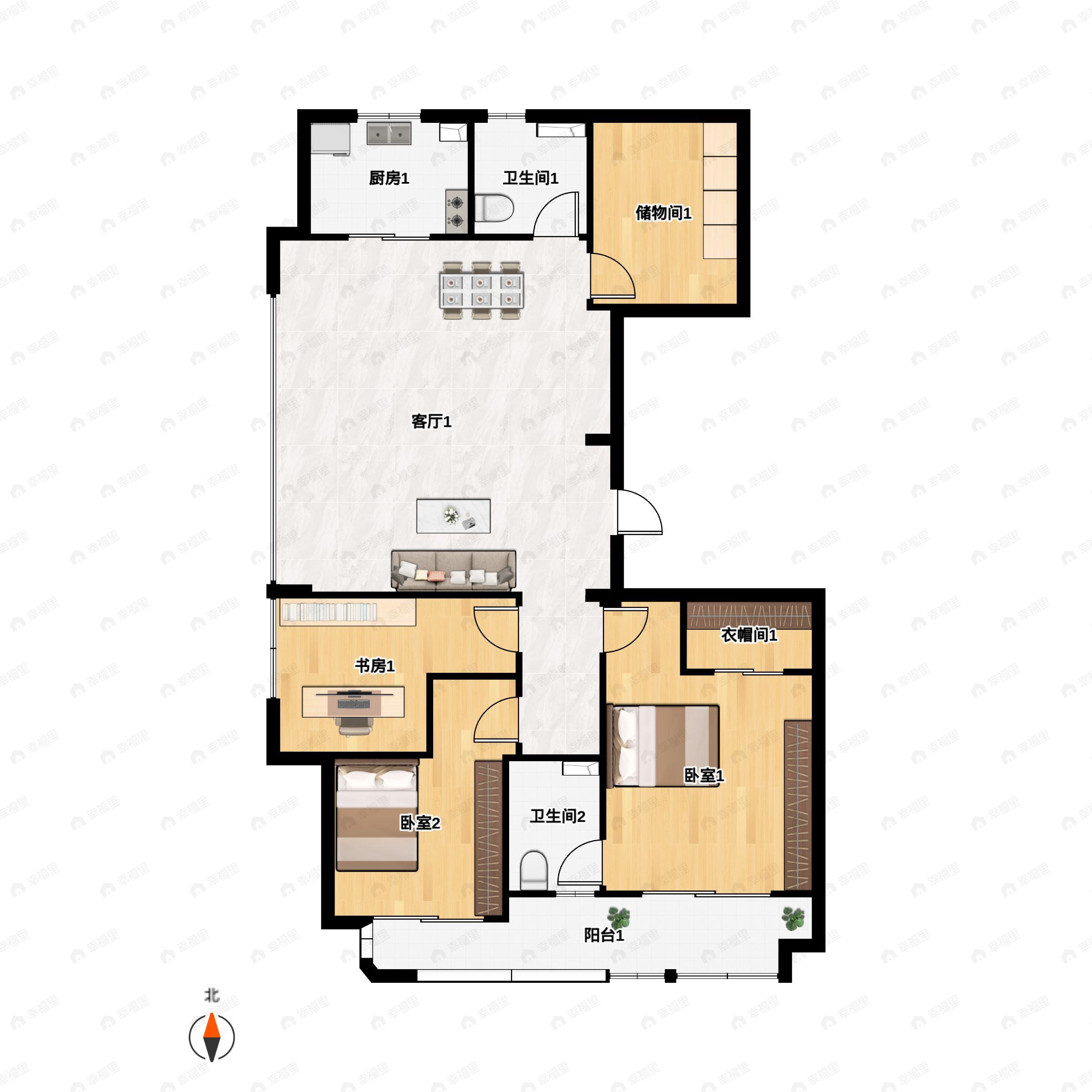 4室2厅2卫建面140平南|西|北户型图