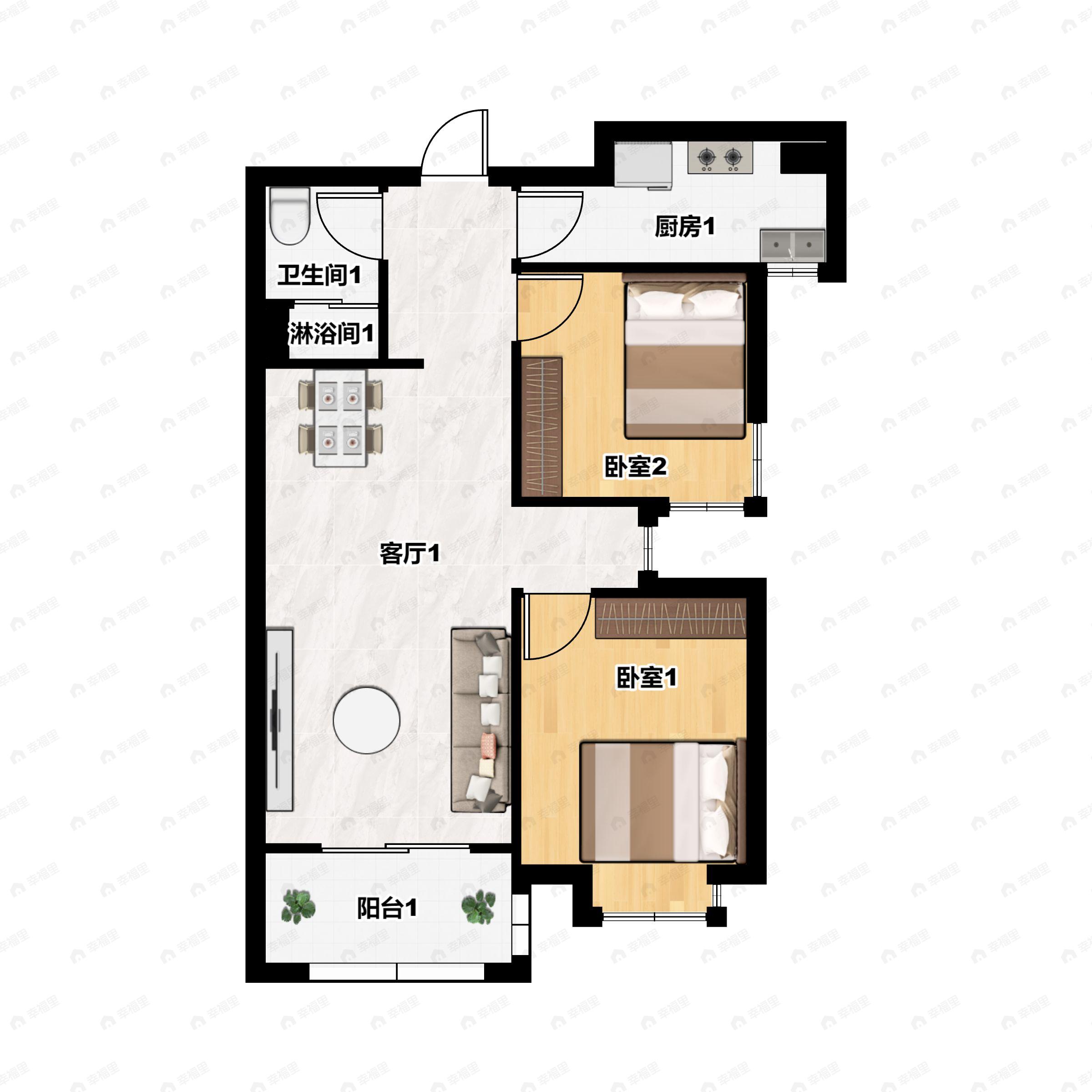 2室2厅1卫建面85平南户型图