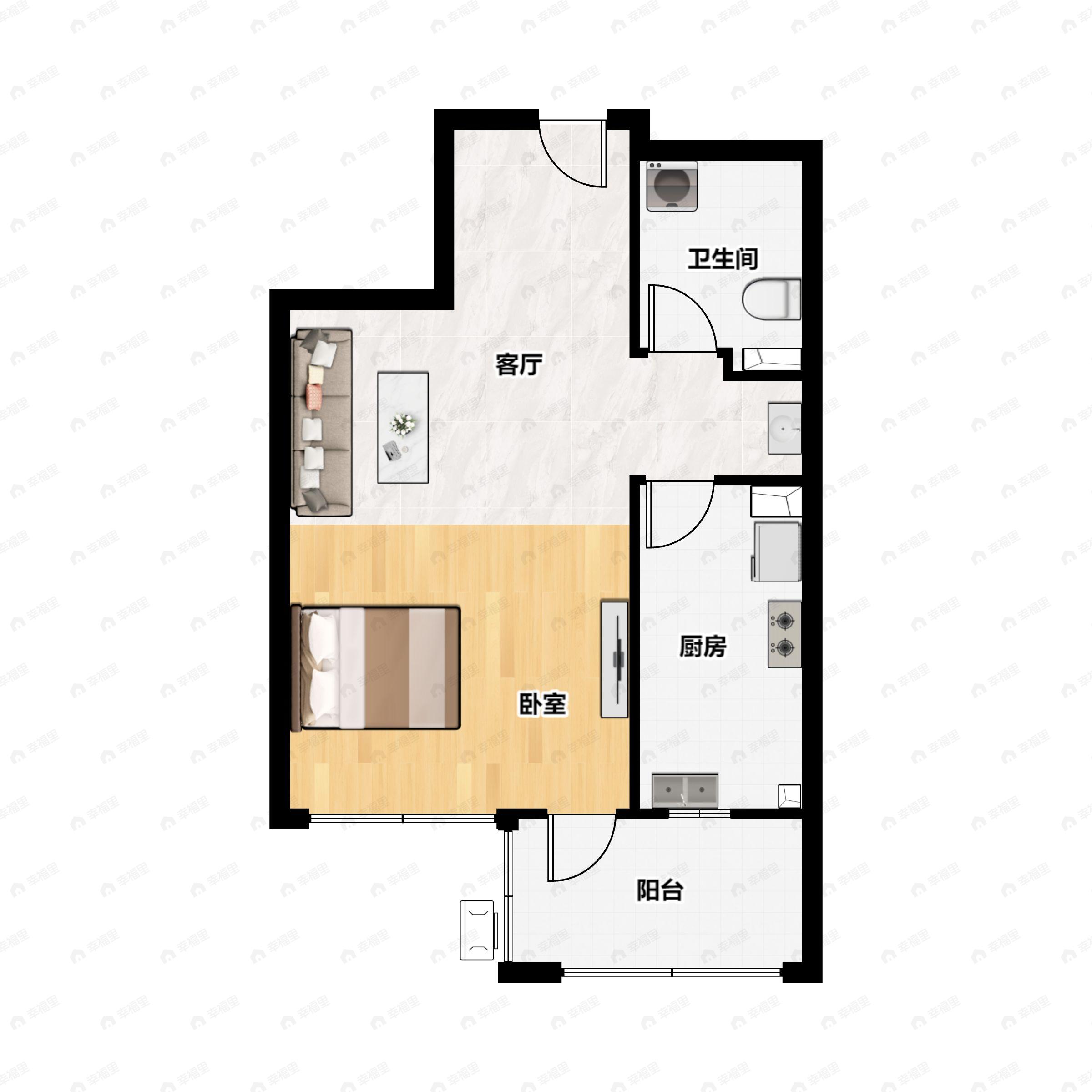 1室1厅1卫建面46平南户型图