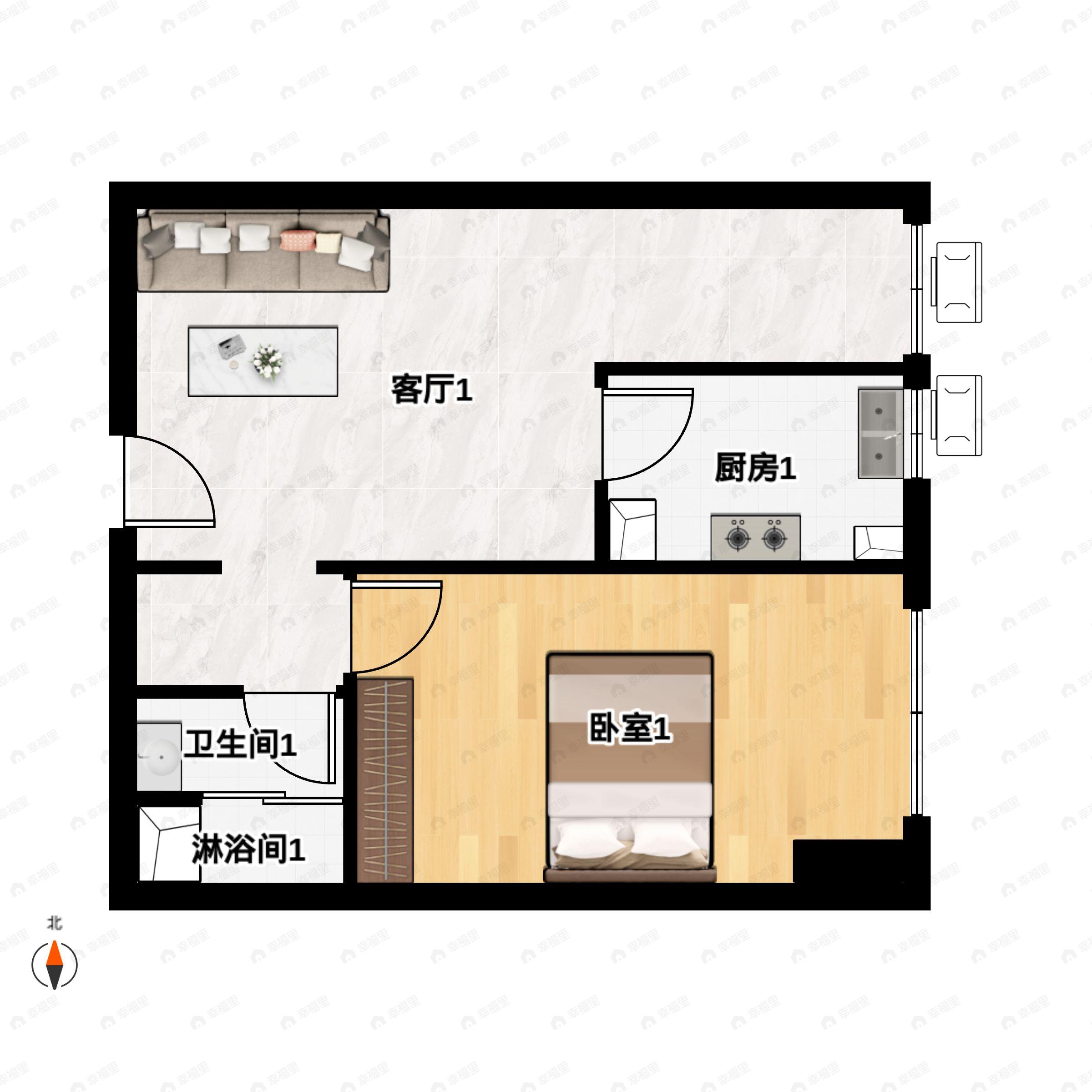 1室1厅1卫建面57平东户型图