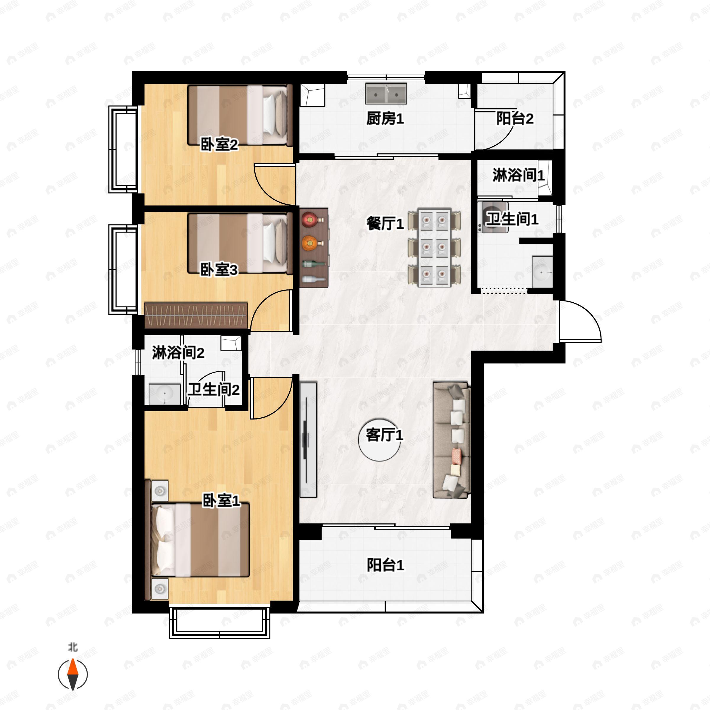 3室2厅2卫建面127平南|北户型图