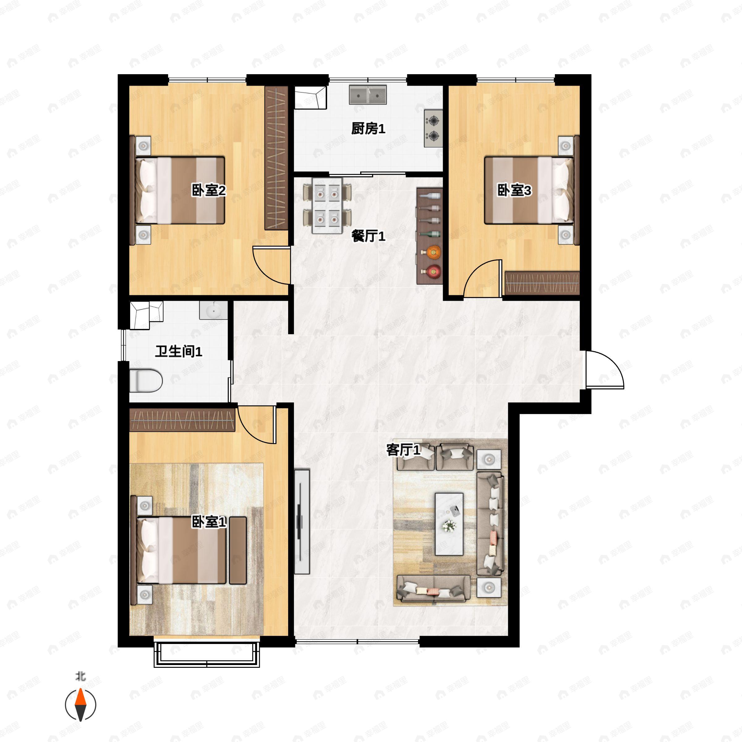 3室2厅1卫建面118平南户型图