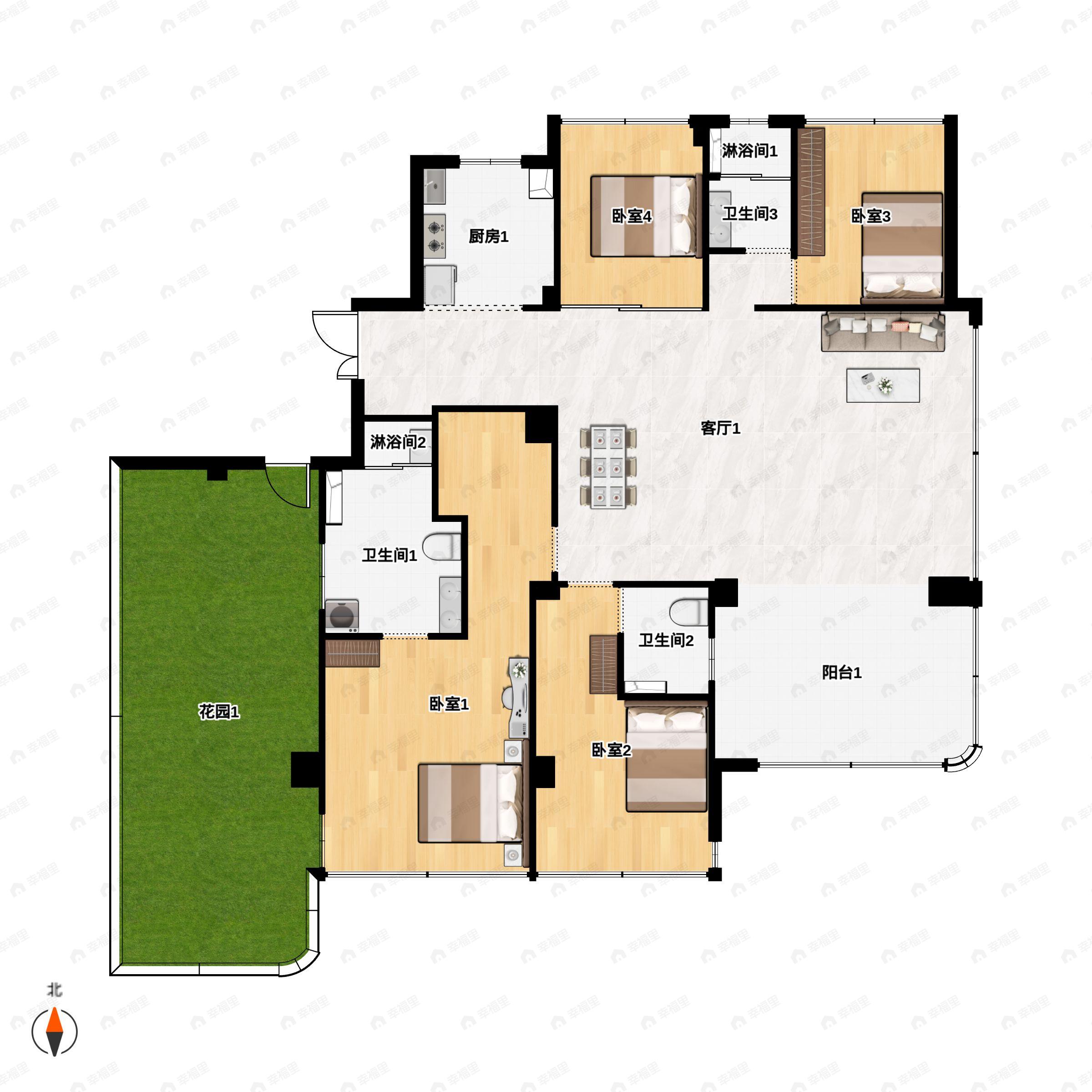 4室2厅3卫建面187平南|北户型图