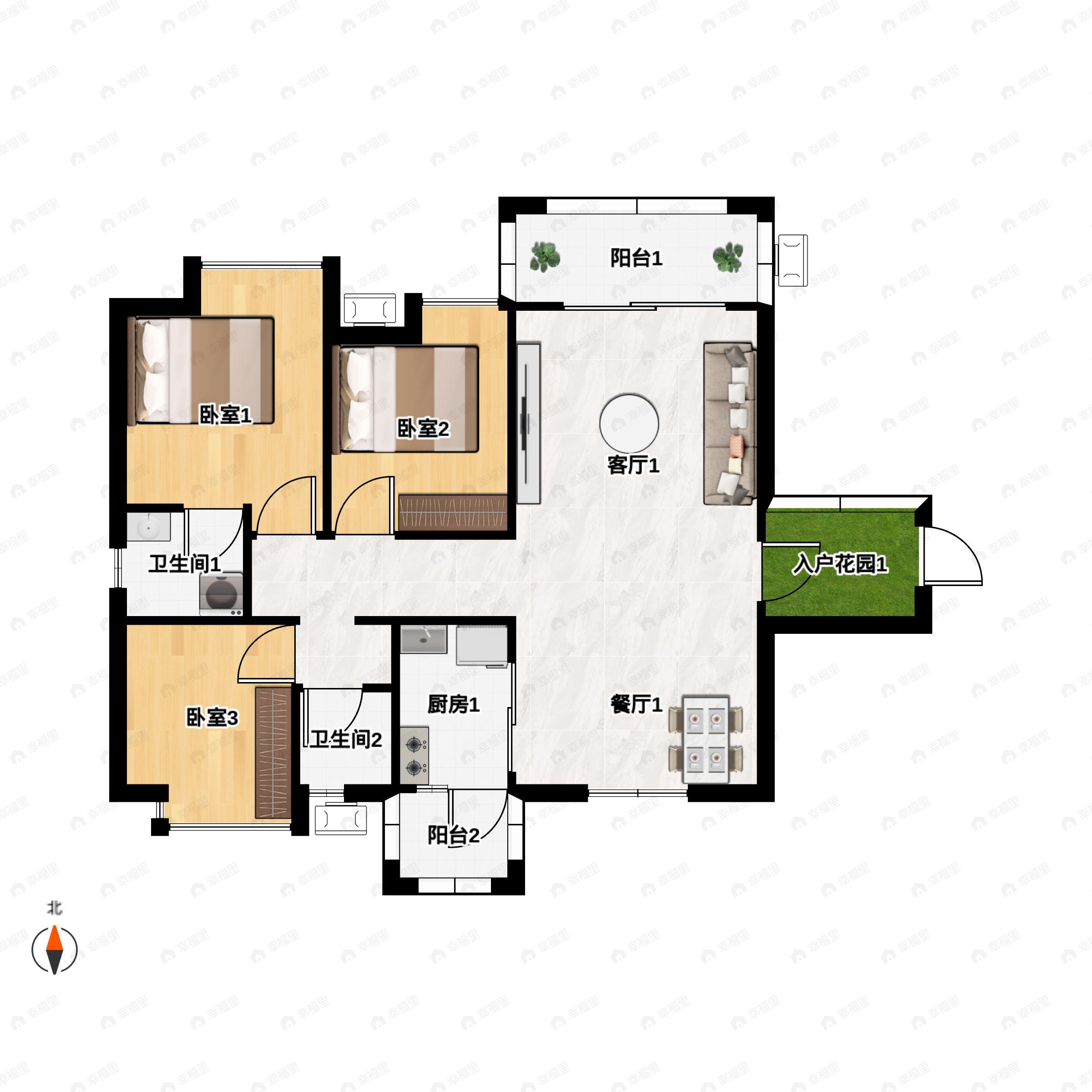 3室2厅2卫建面94m²南|北户型图