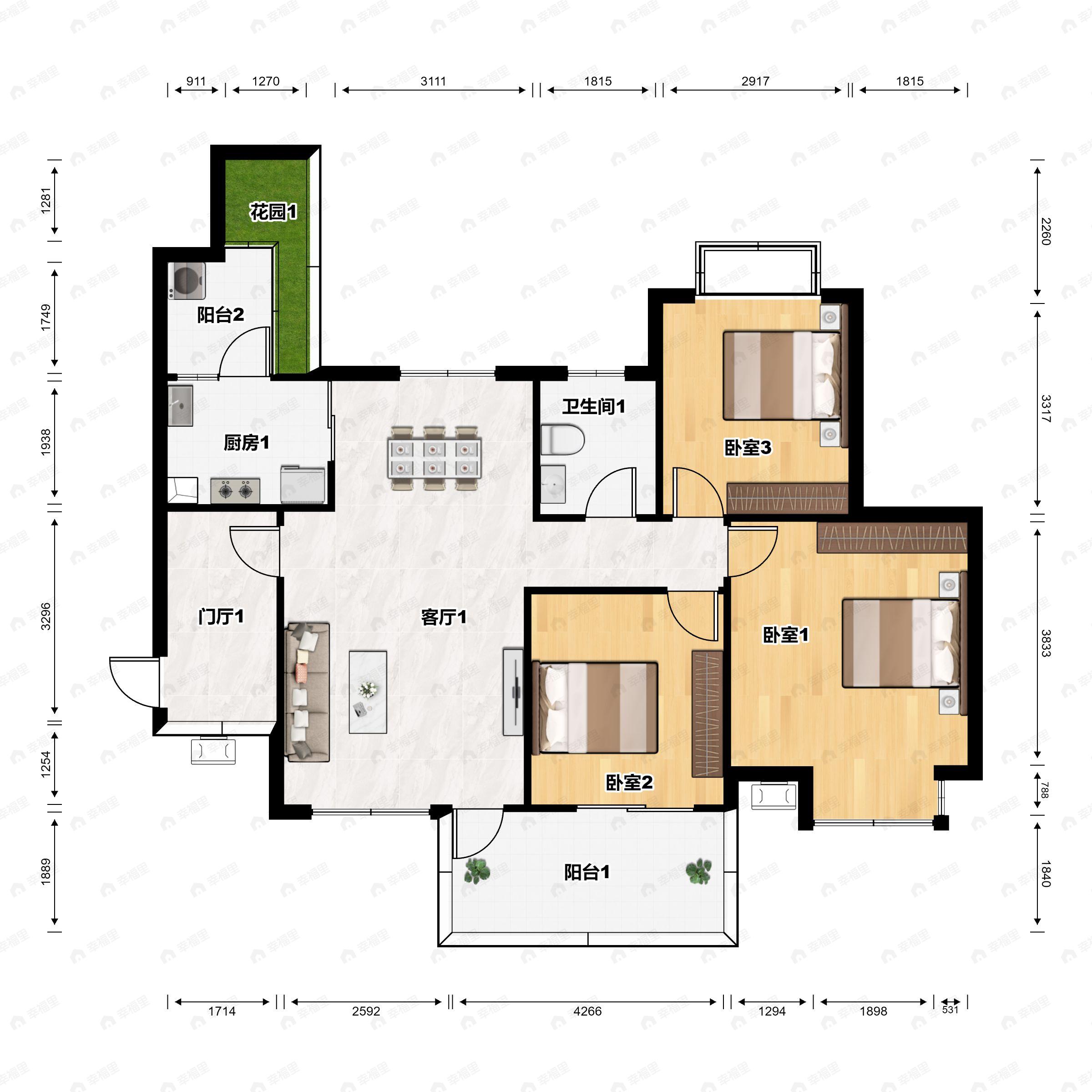 3室2厅1卫建面96平南|北户型图