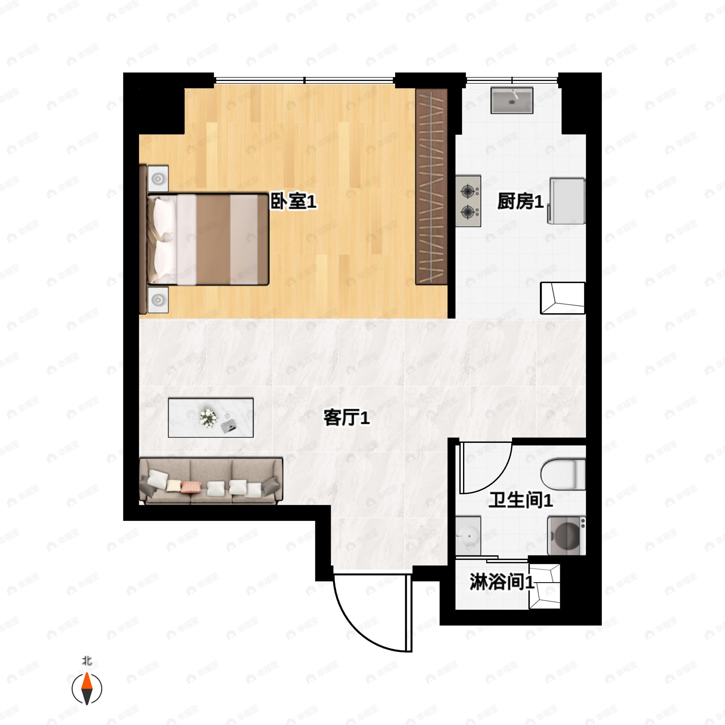 1室1厅1卫建面55m²北户型图