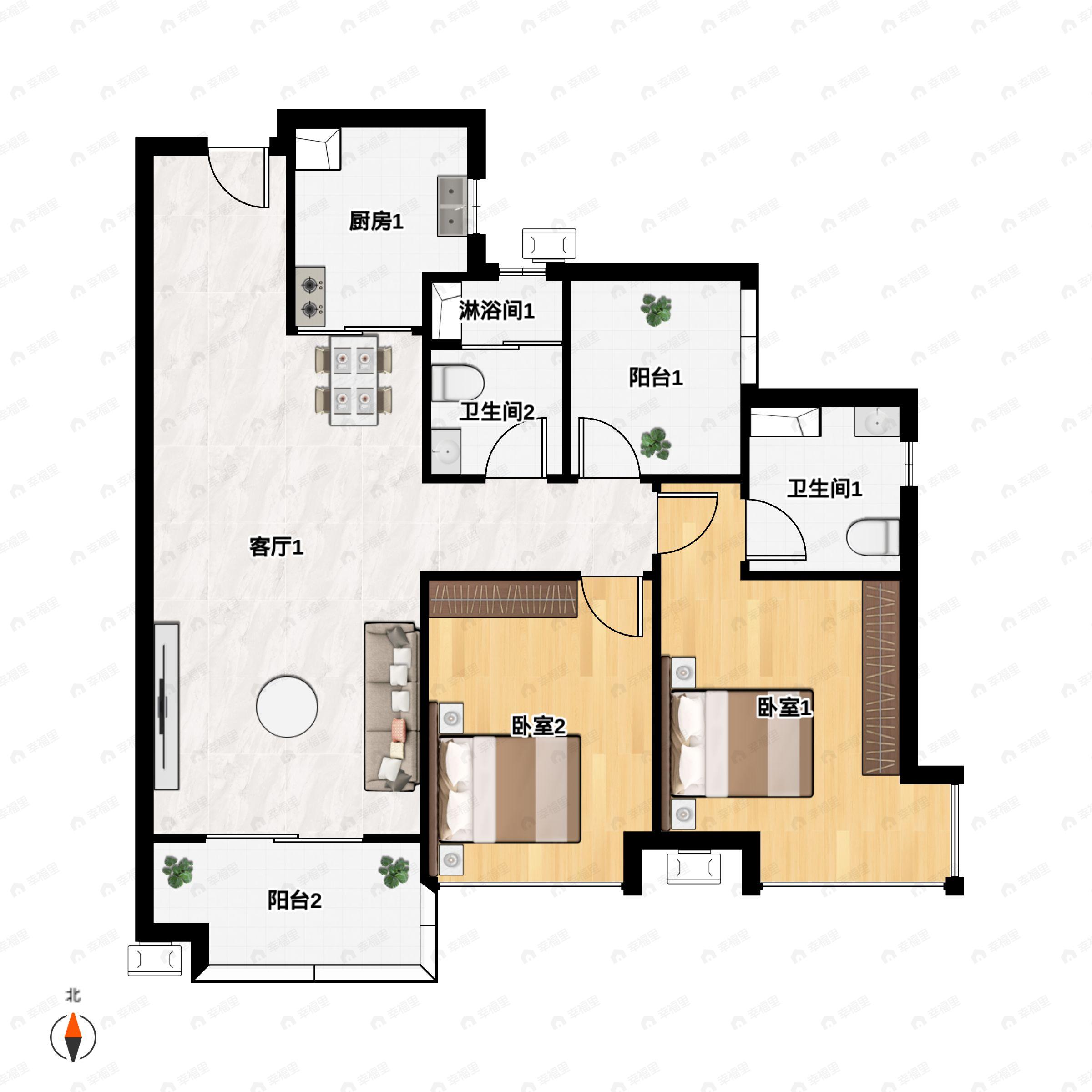 2室2厅2卫建面93平户型图