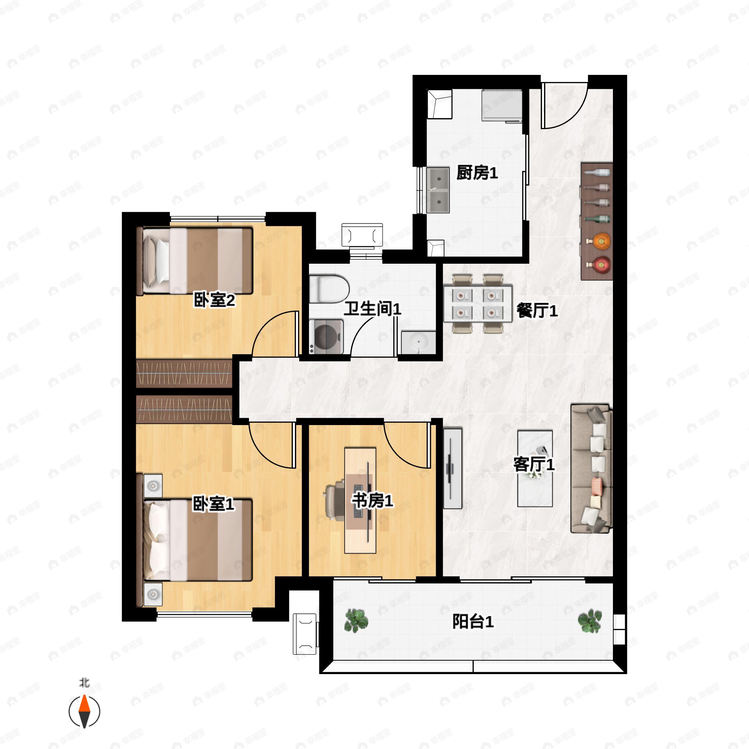 3室2厅1卫建面100平户型图