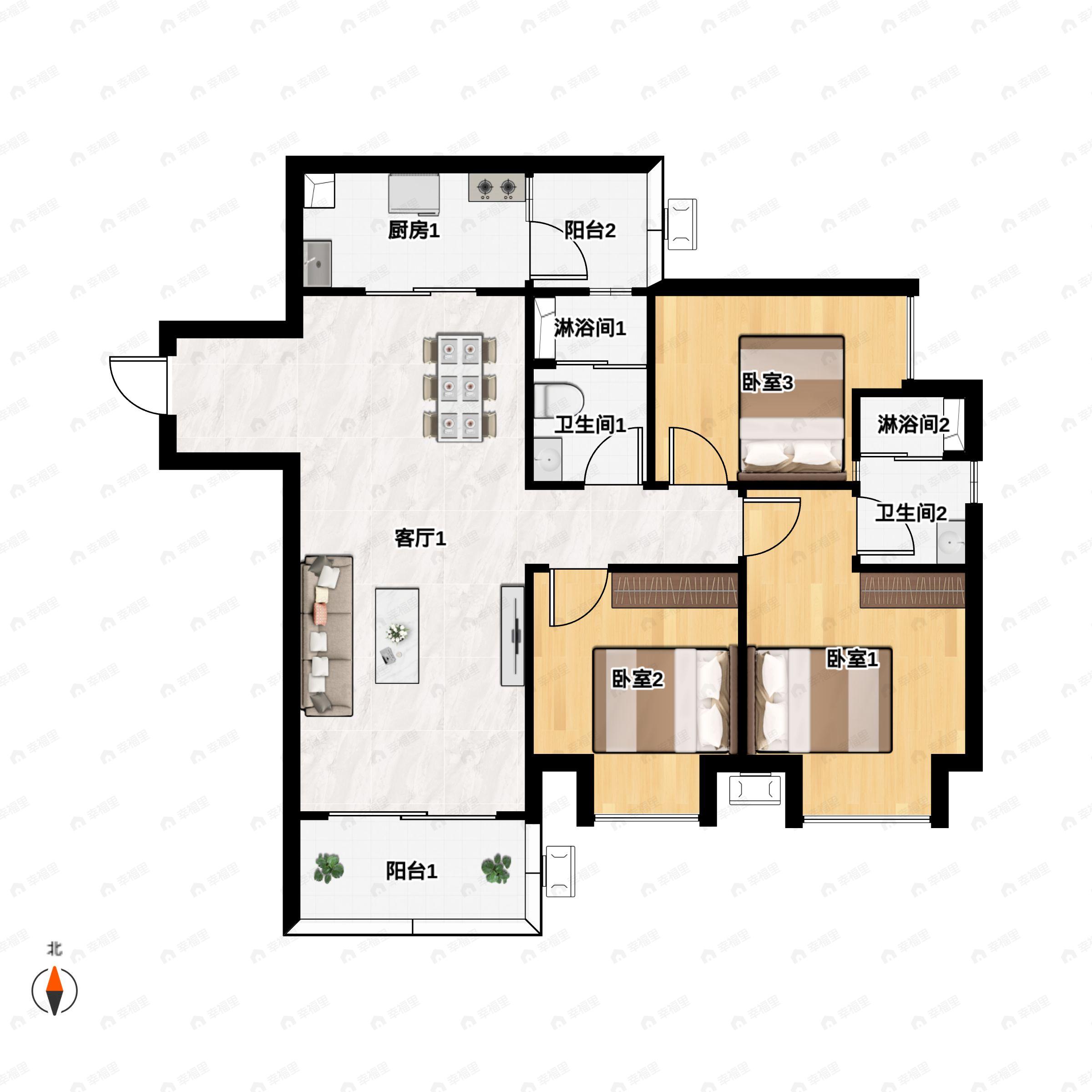 3室2厅2卫建面95平南|北户型图