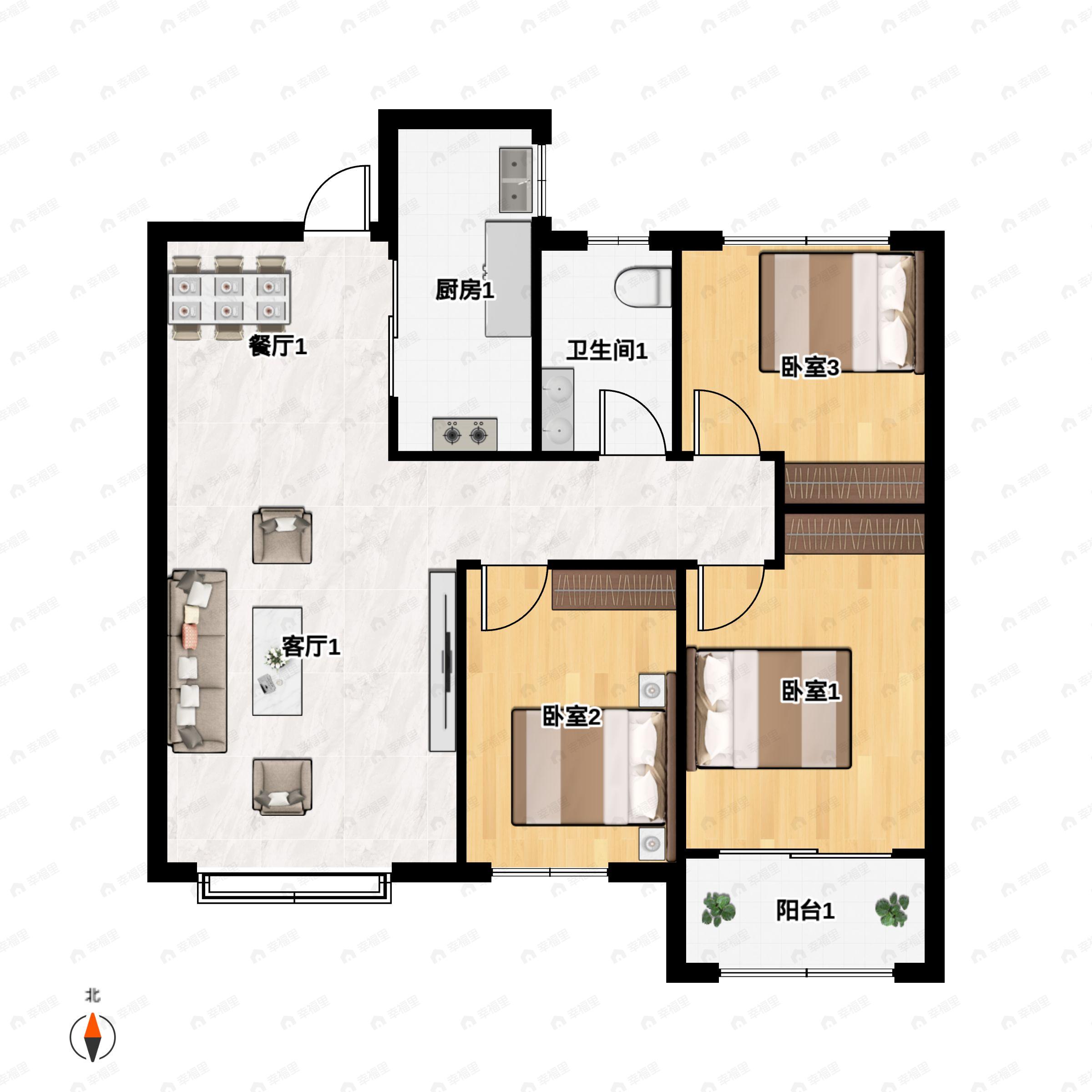 一世界书香华府3室2厅1卫户型图