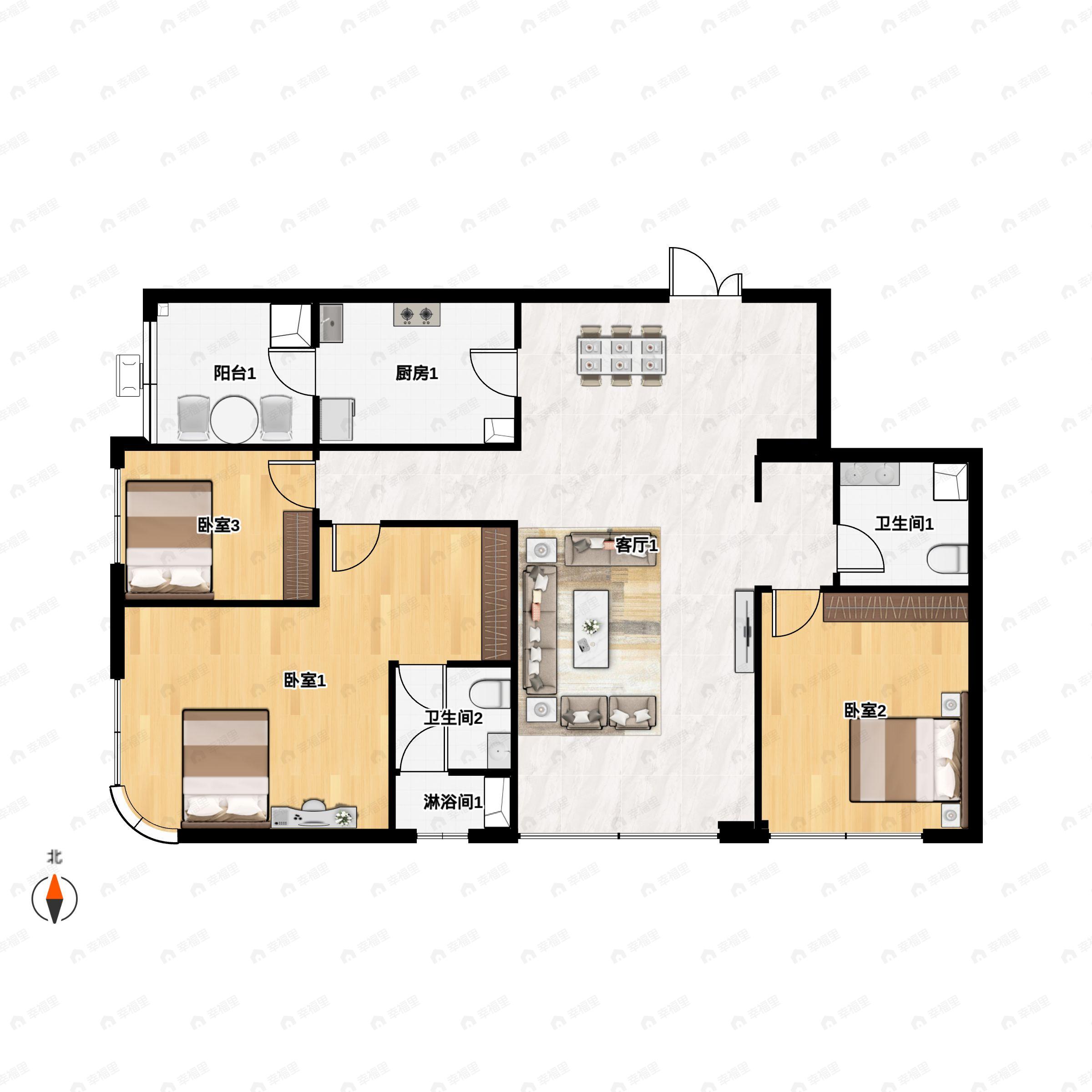 3室2厅2卫建面130m²西南户型图