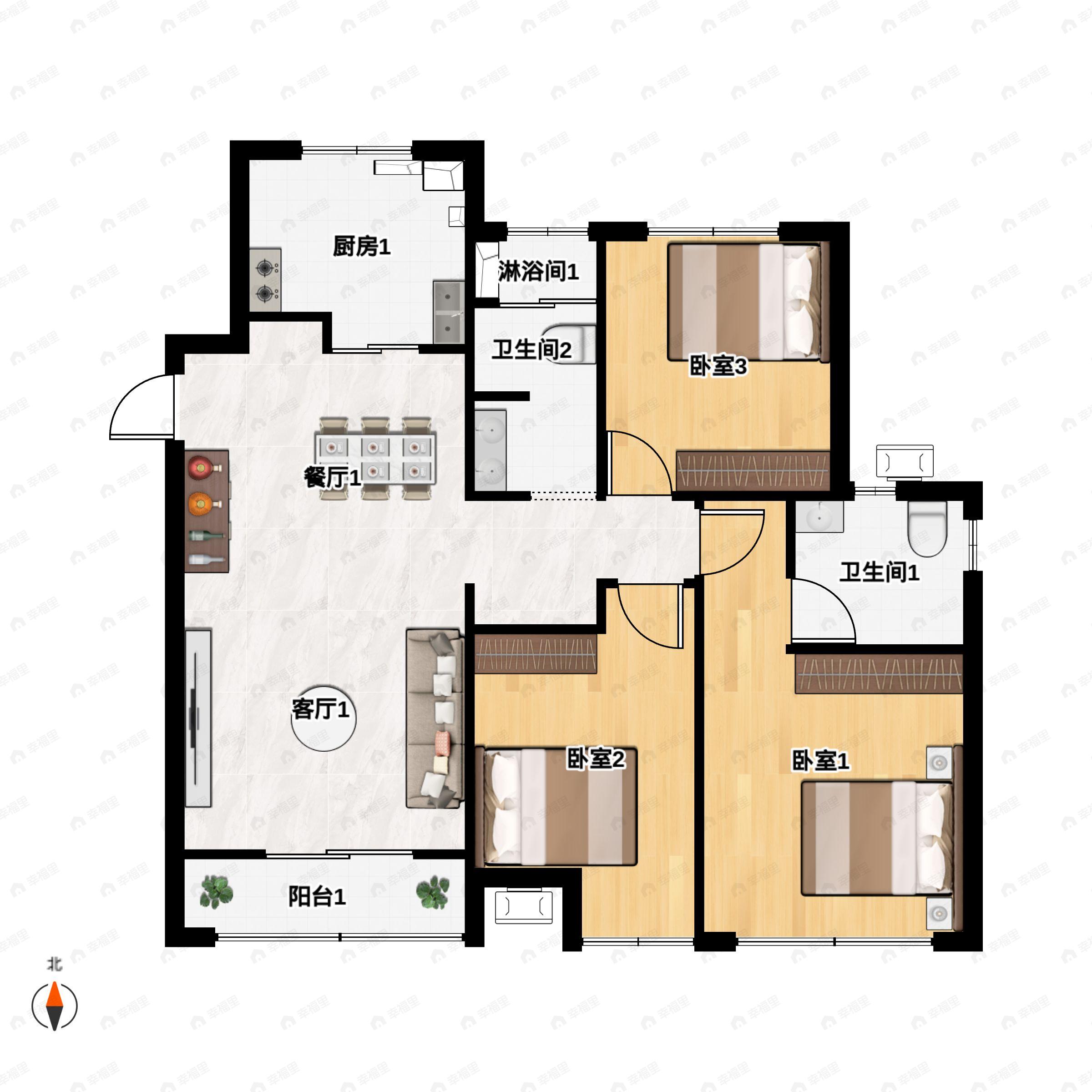 3室2厅2卫建面131平南|北户型图