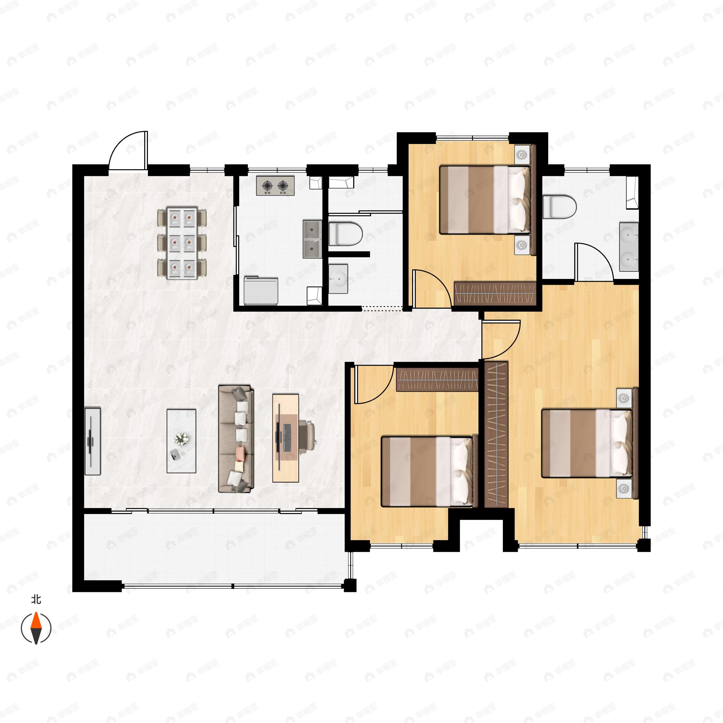 3室2厅2卫建面126m²南户型图