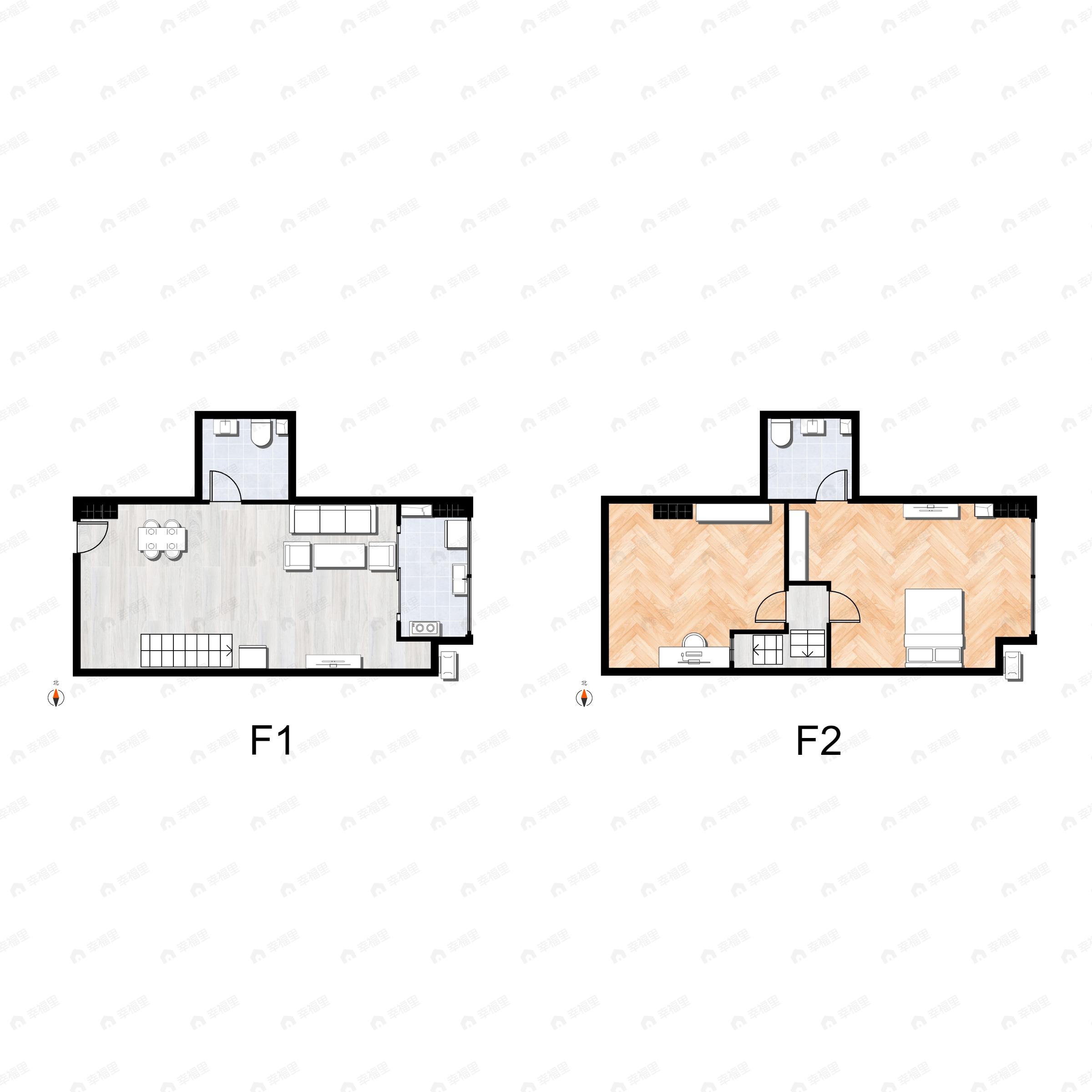 2室1厅2卫建面48平东|西户型图