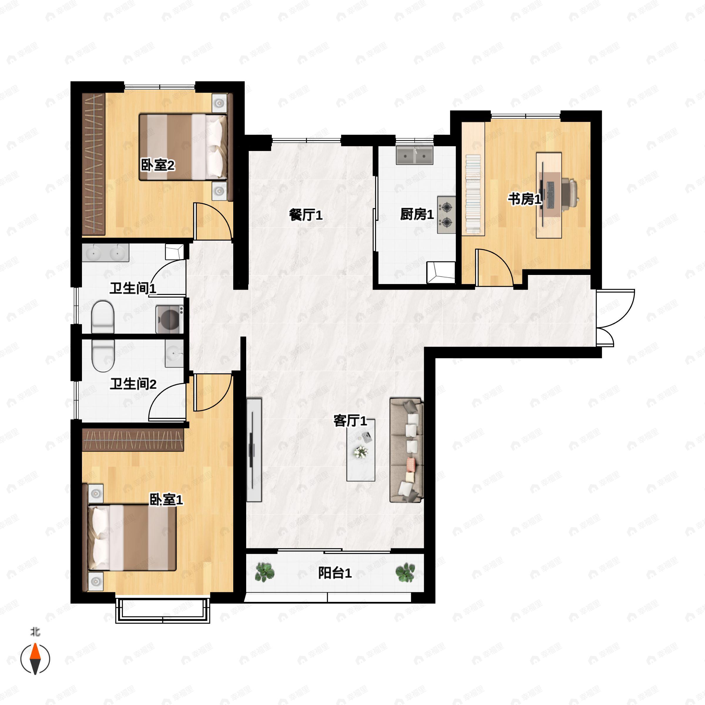3室2厅2卫建面121平南|北户型图