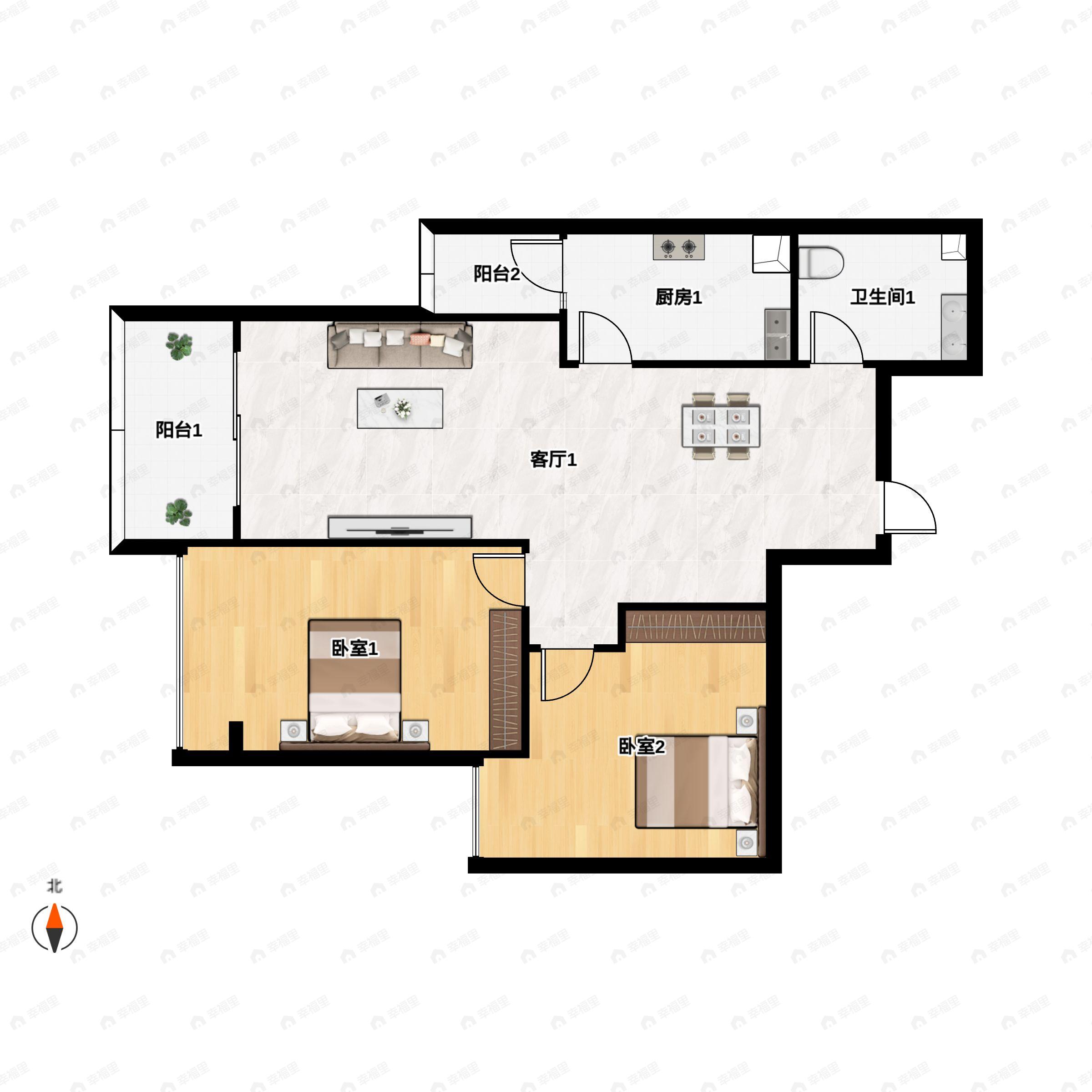 2室2厅1卫建面63平南|北户型图