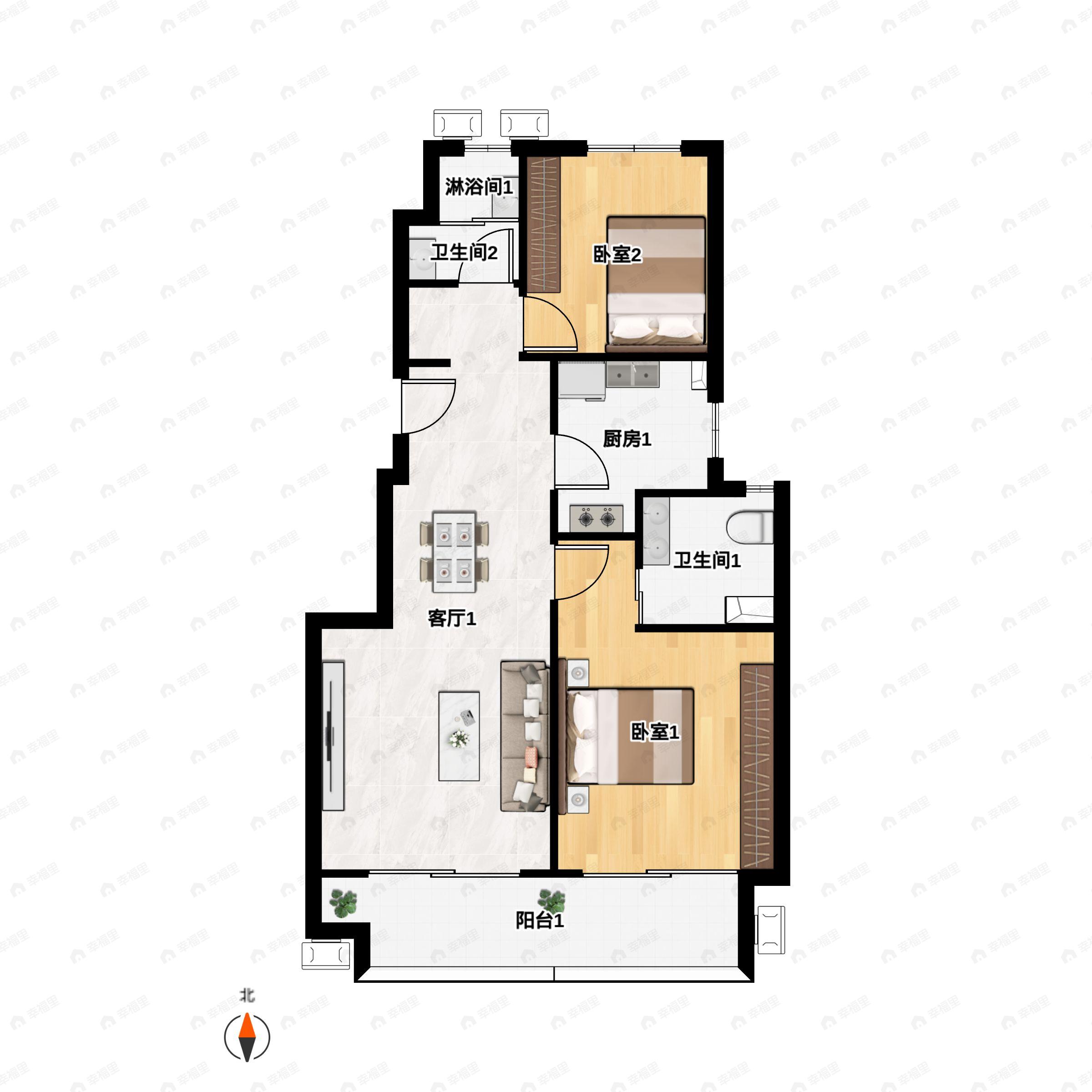 2室2厅2卫建面88m²南户型图