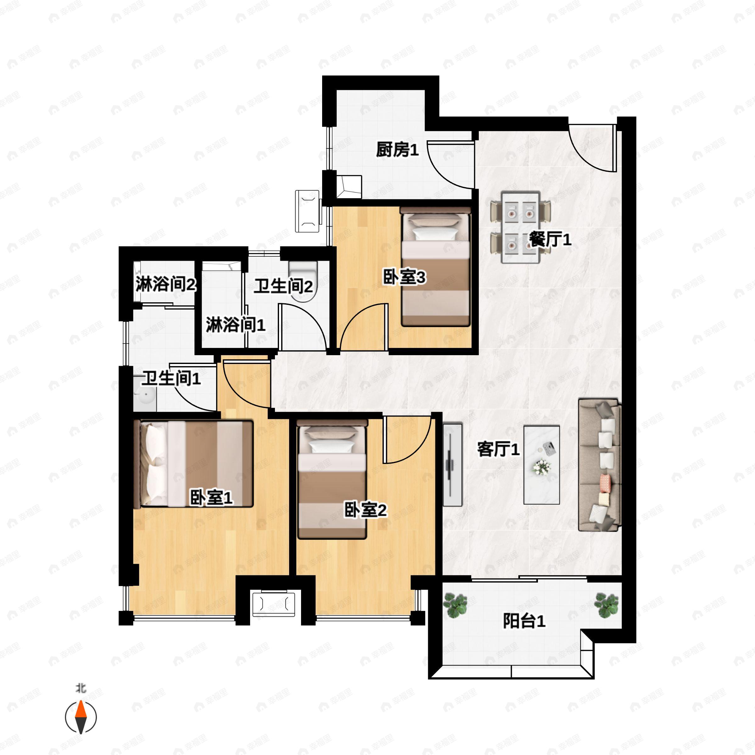 3室2厅2卫建面109平户型图