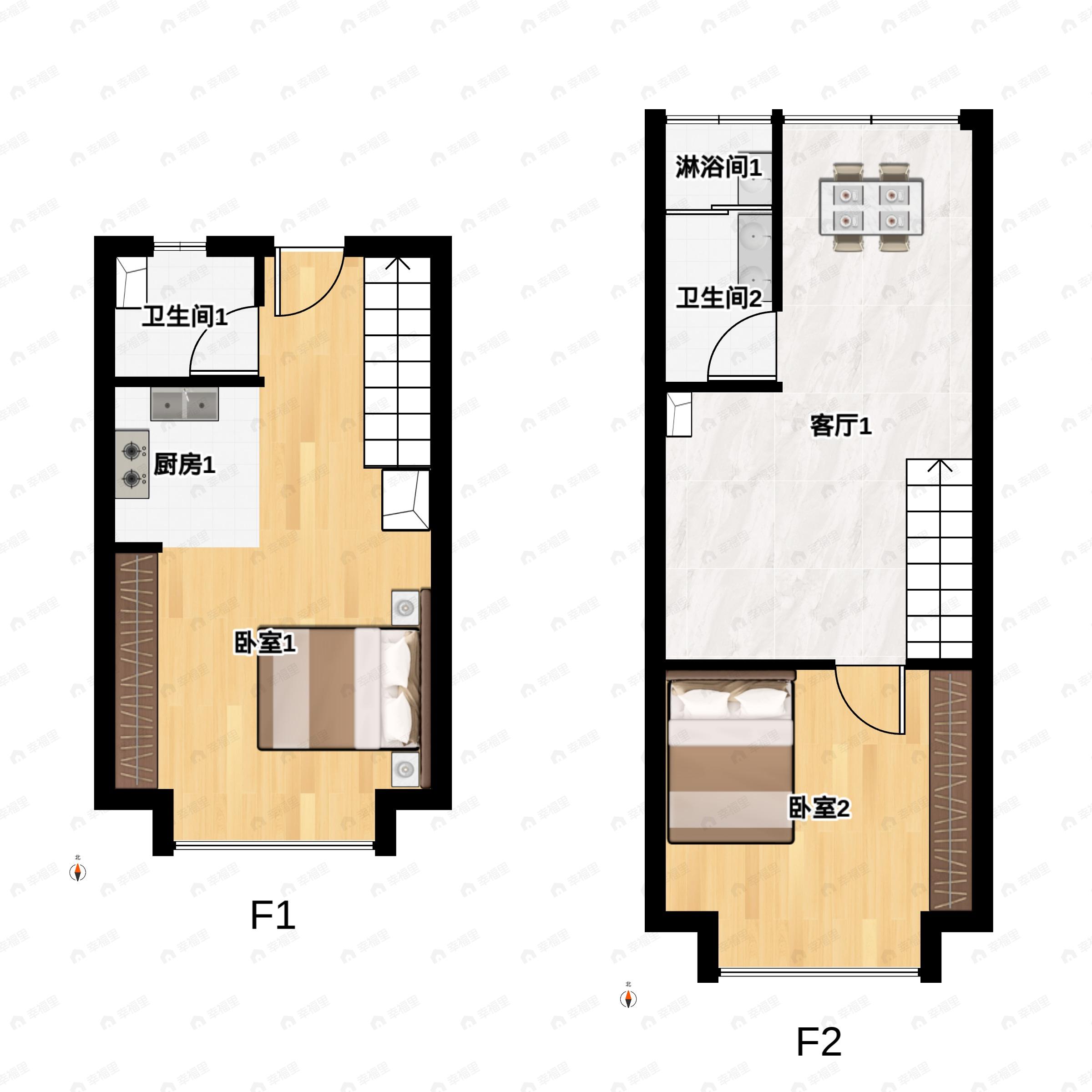 2室2厅2卫建面45平户型图