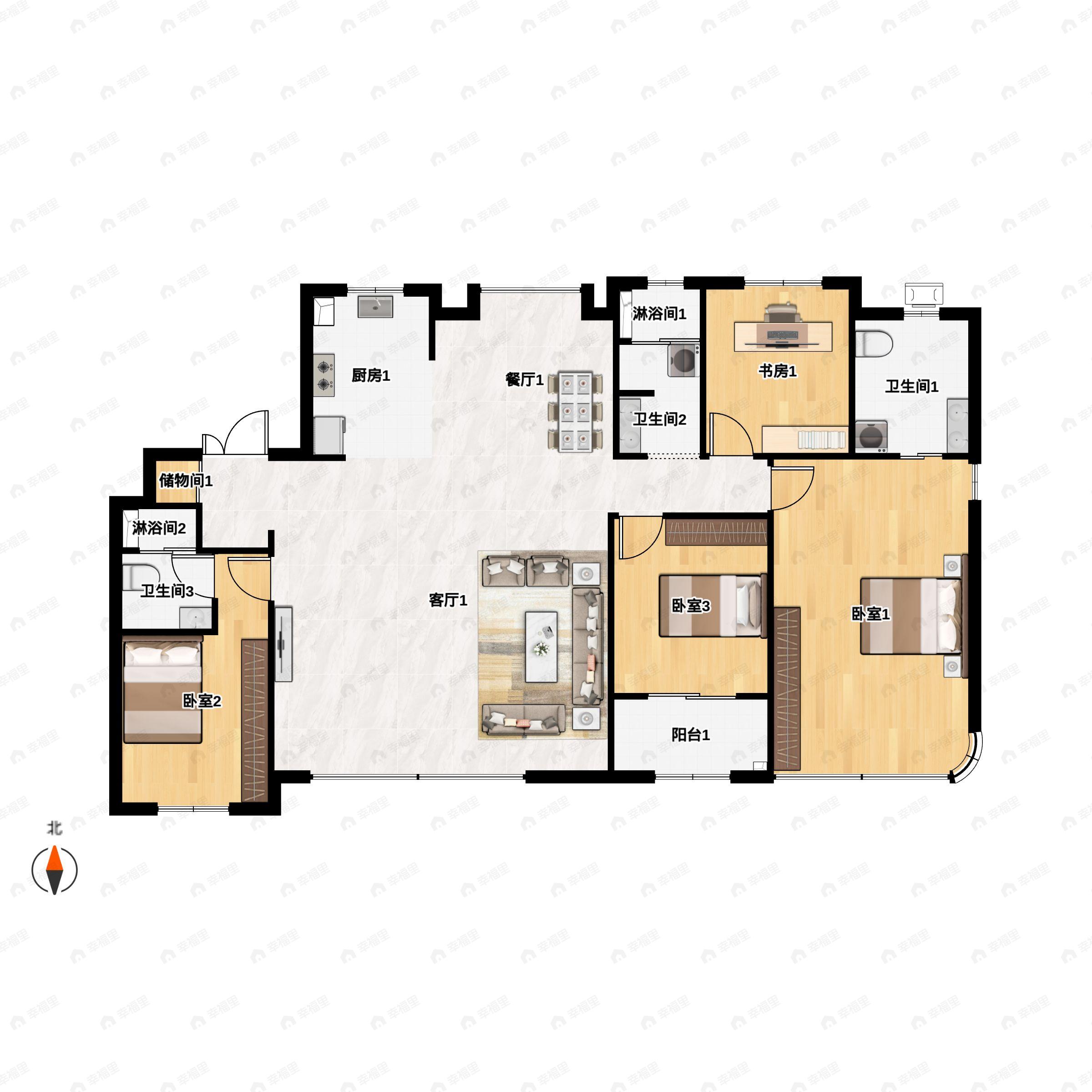 4室2厅3卫建面198m²南户型图