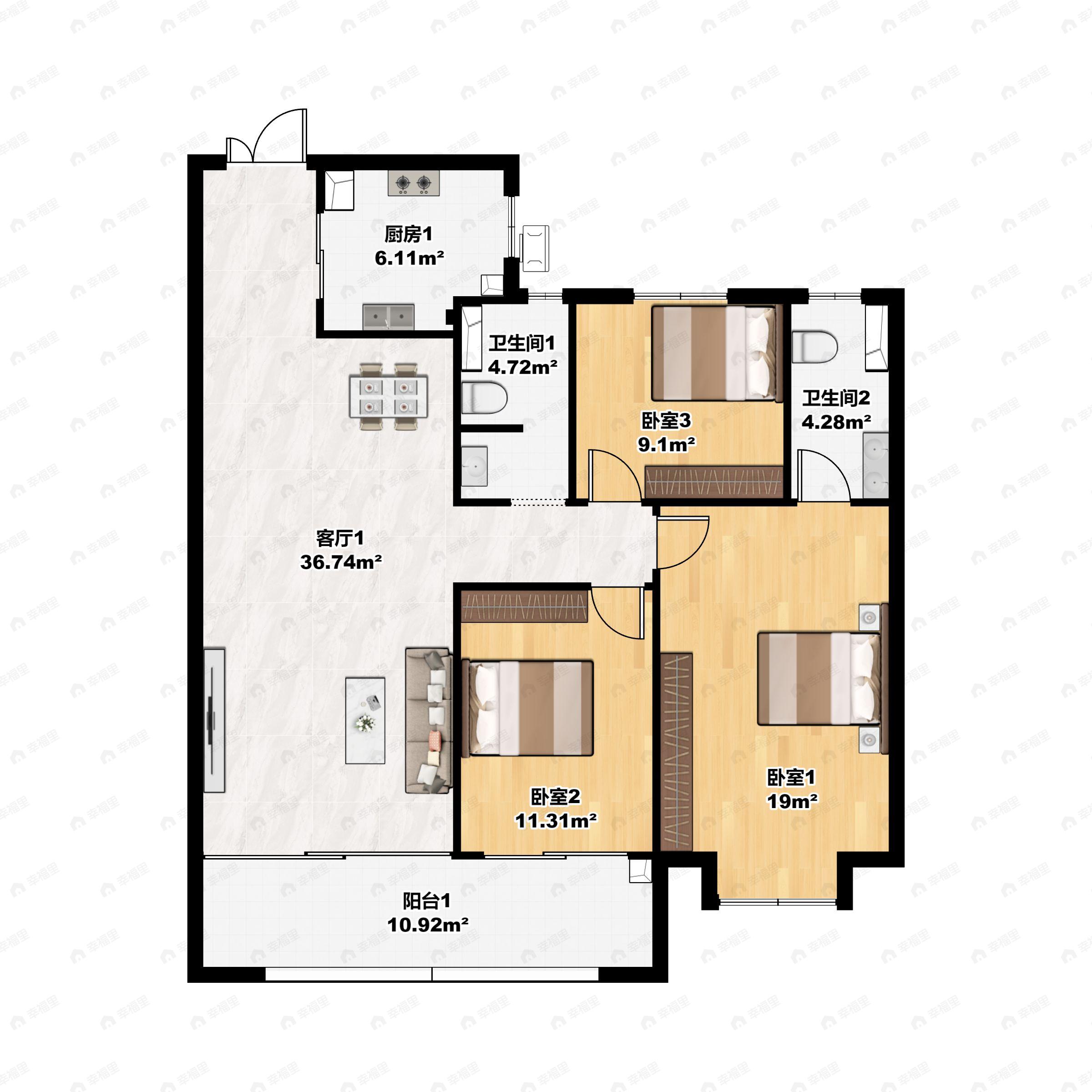 3室2厅2卫建面118m²南户型图