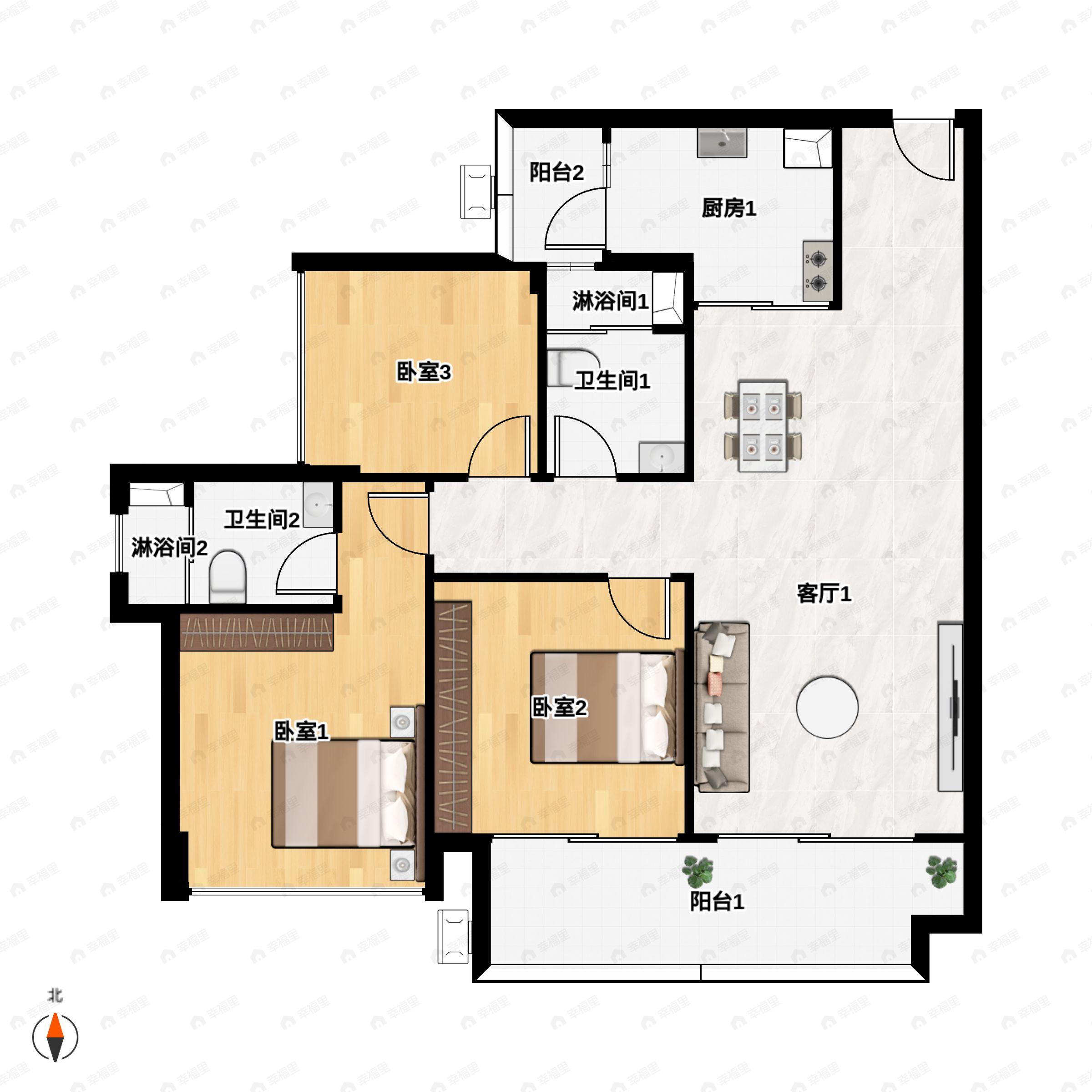 3室2厅2卫建面95平户型图