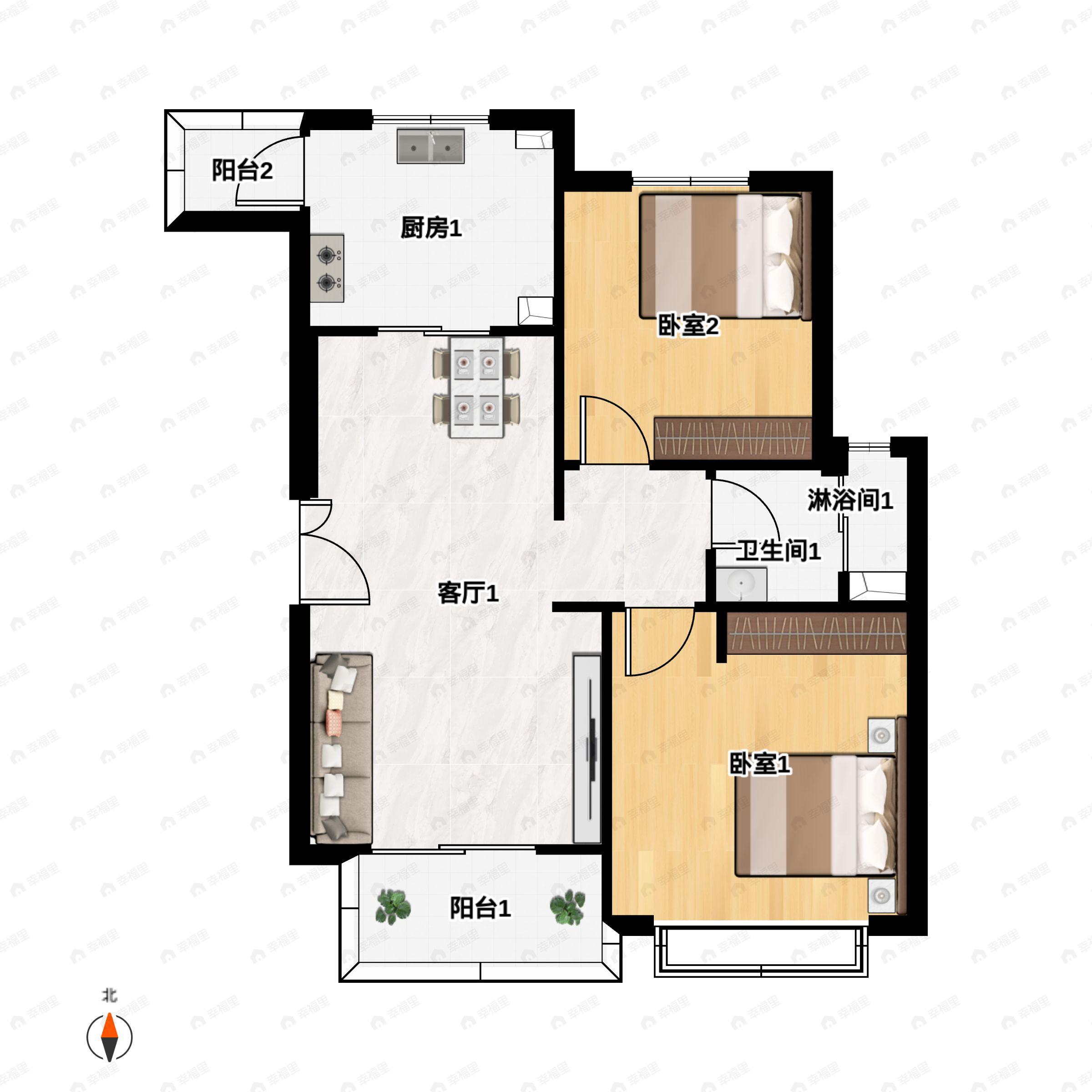 2室2厅1卫建面99m²南户型图